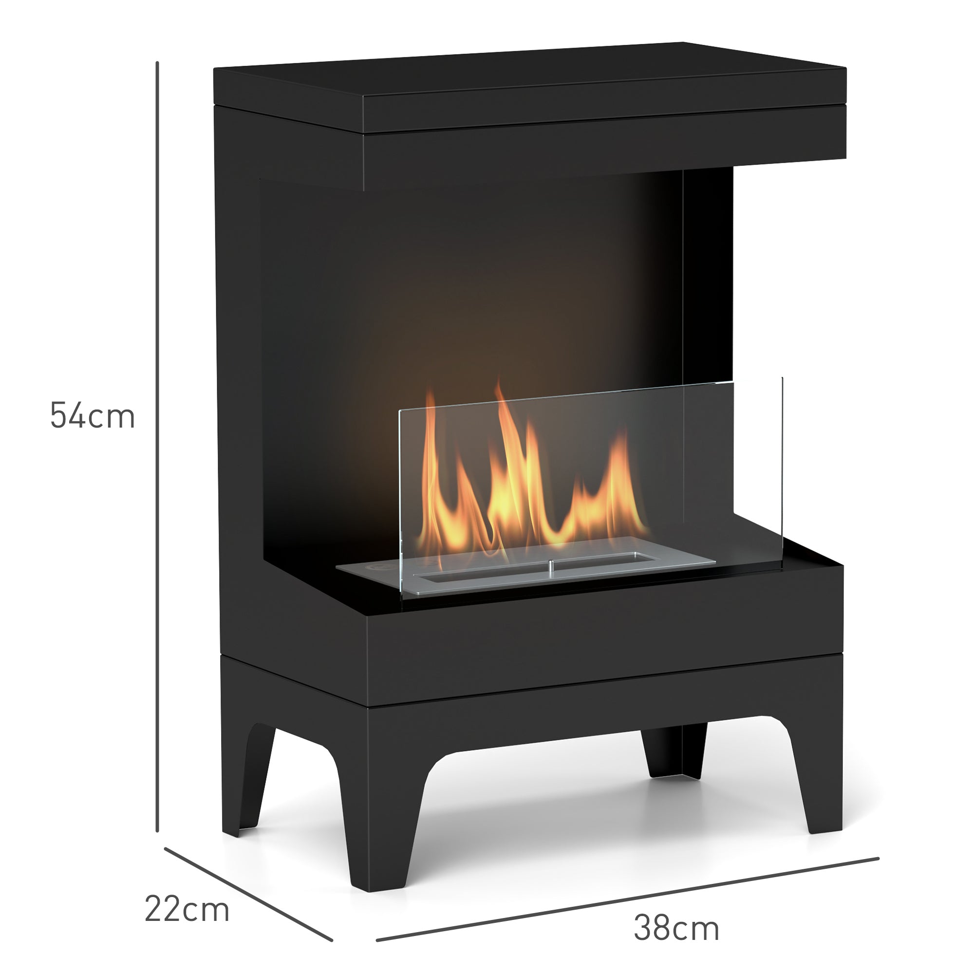 Bioethanol Fireplace Free Standing Bioethanol Stove with 0.9 L Stainless Steel Extinguishing Burner Burning Time 3.3H for Indoors 15-20 m² 38x22x54 cm Black