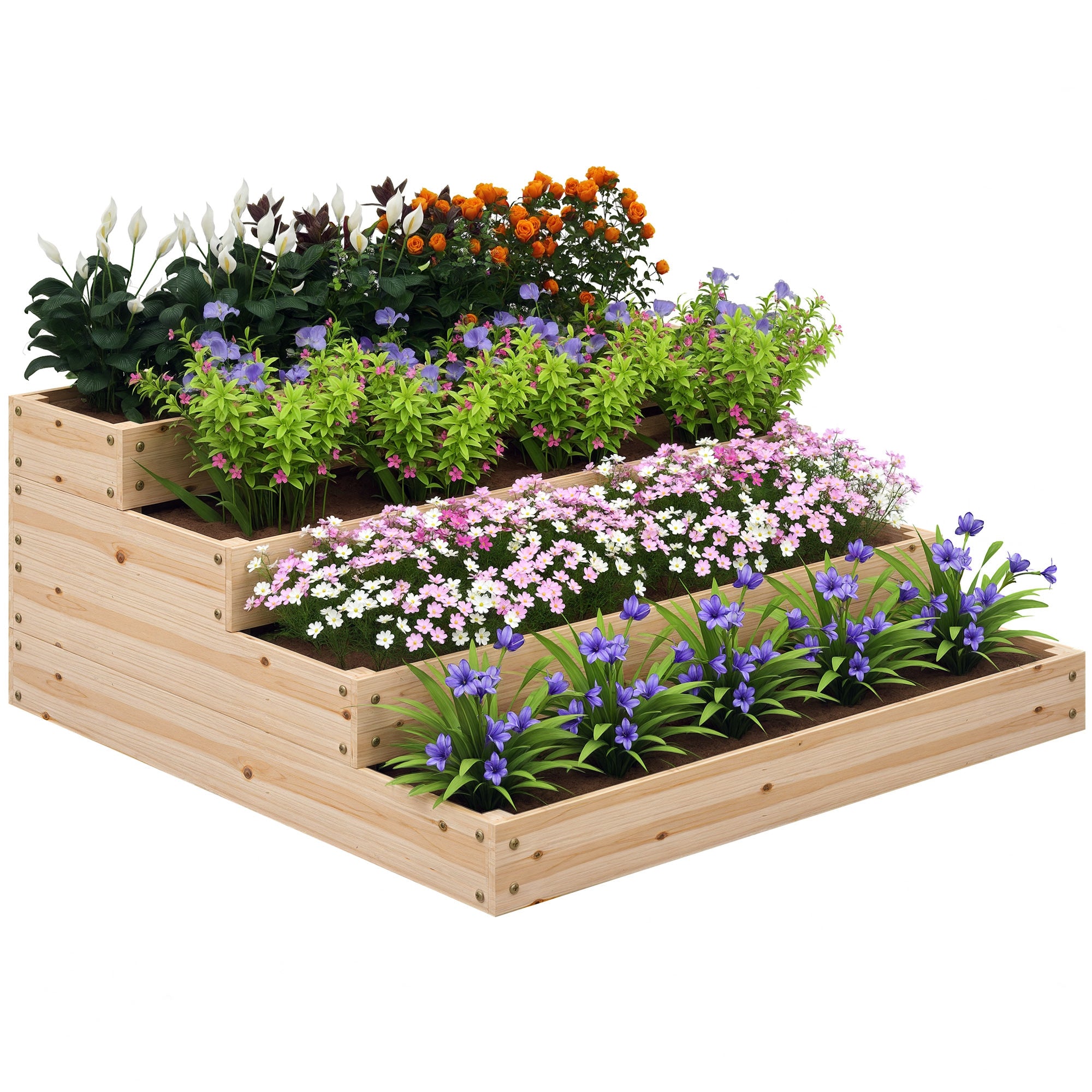 Garden Square Planter, Solid Wood Garden Bed, Raised Garden Bed, Bottomless, 4 Levels, for Herbs, Vegetables, Fruits, Flowers, 113 x 113 x 46 cm, Natural Wood