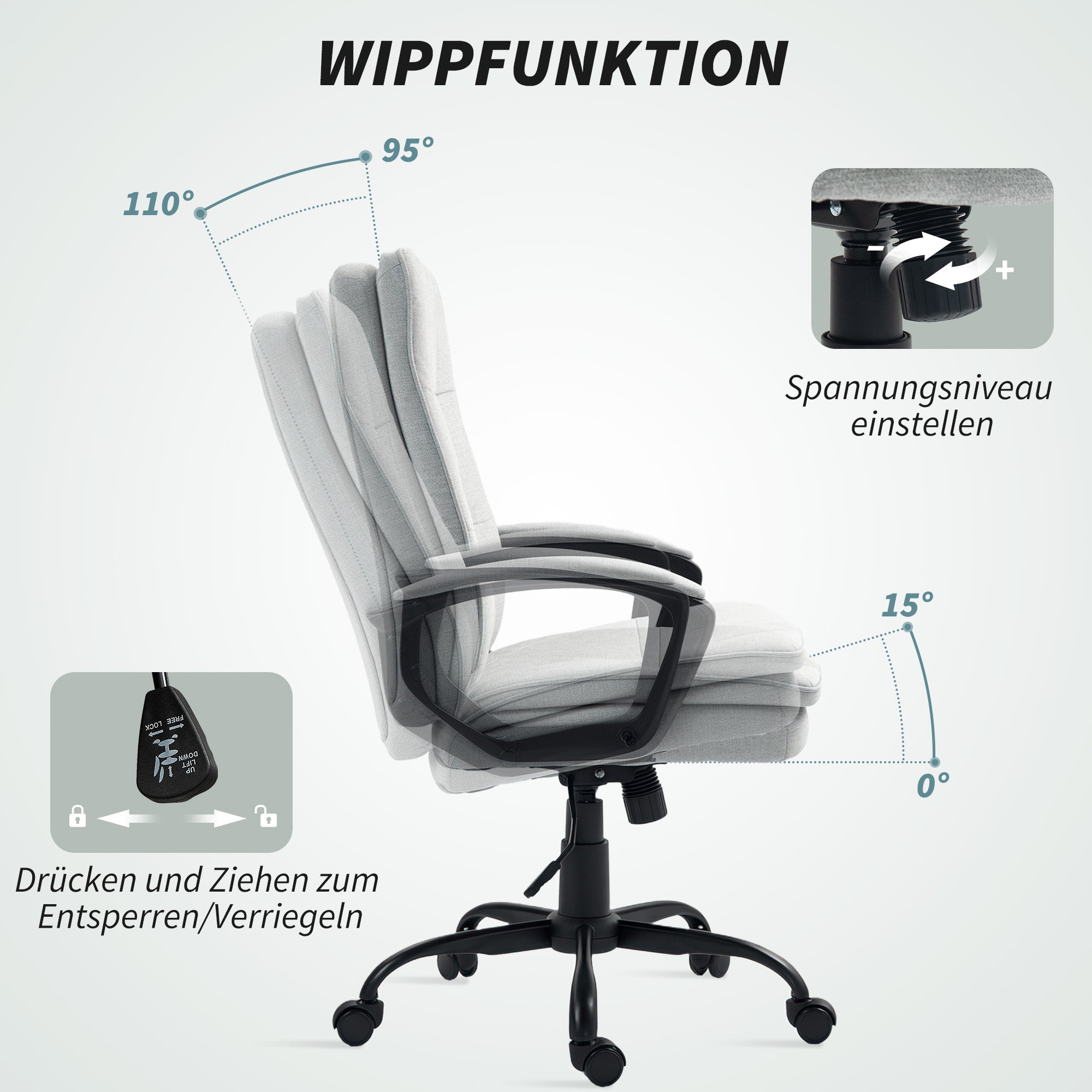 Office Chair Ergonomic Desk Chair with Armrest, Height Adjustable Swivel Chair with Rocking Function, Linen Look, Tufted Computer Chair, Gray