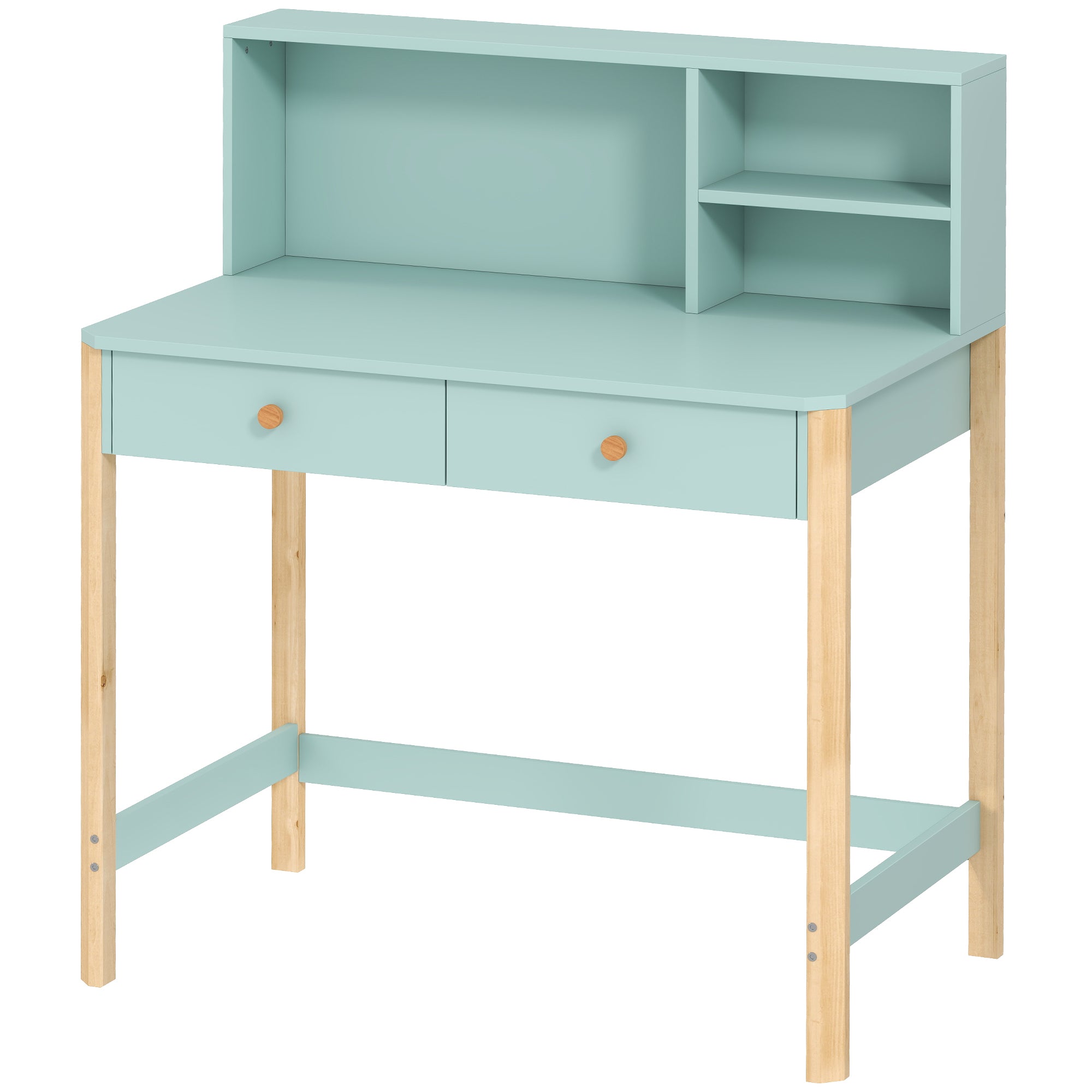 Kids Desk with 3 Open Compartments & 2 Drawers, Pine Legs, for Study/Entry/Bedroom, Ages 5–12 — 35.4×20.5×41.3 in (Green)