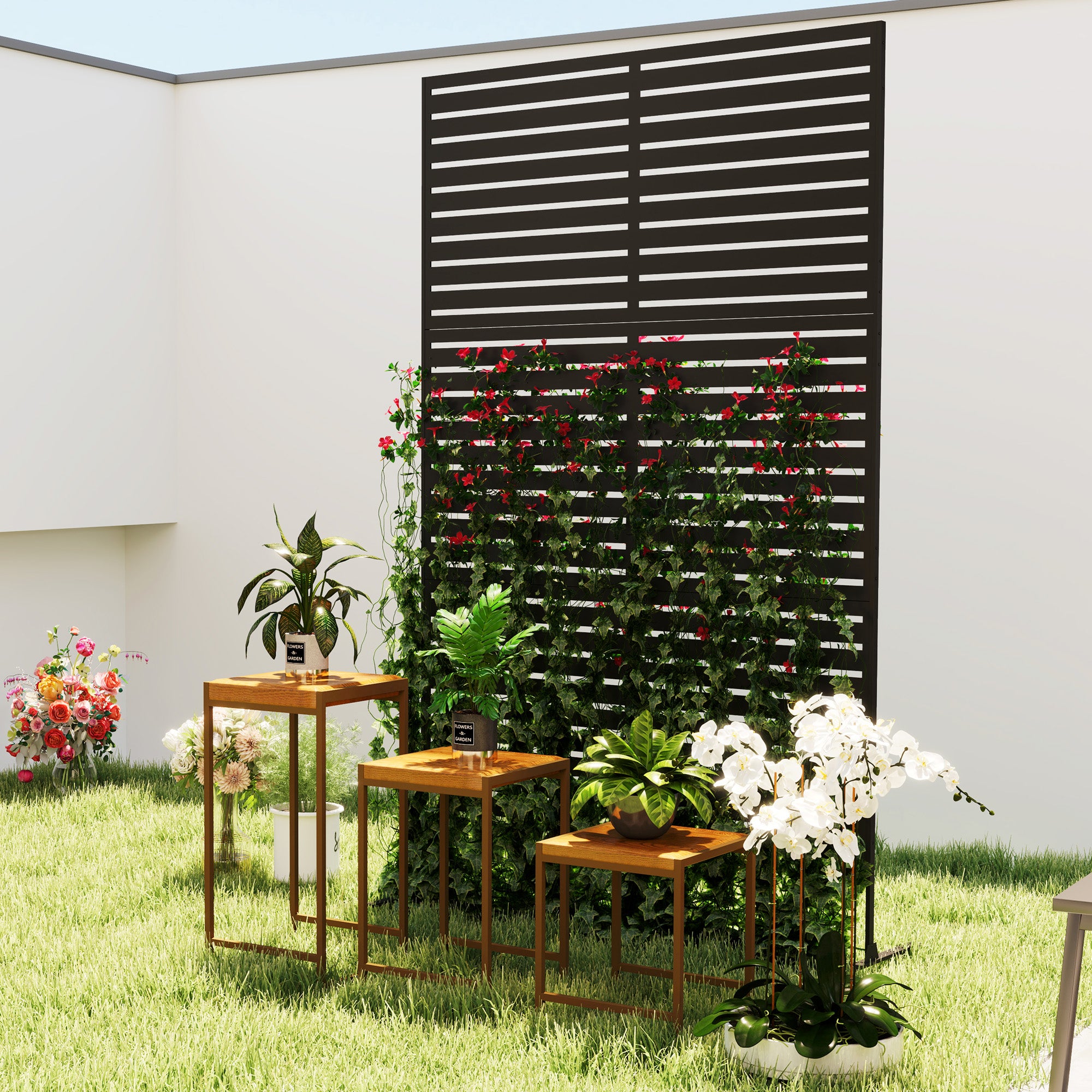 Room Divider 3-part 122 x 198 cm Freestanding Louver Privacy Screen in Steel, Outdoor Room Separator Privacy Wall Partition for Garden, Balcony, Terrace, Black
