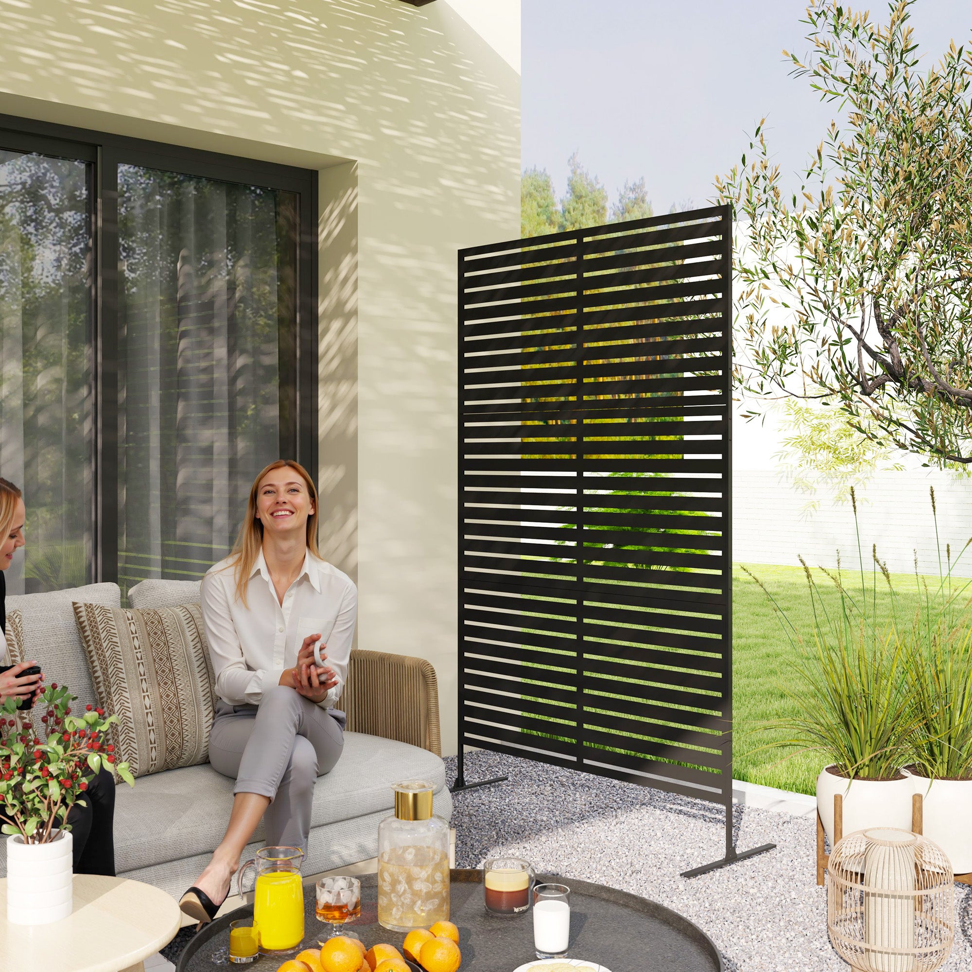 Room Divider 3-part 122 x 198 cm Freestanding Louver Privacy Screen in Steel, Outdoor Room Separator Privacy Wall Partition for Garden, Balcony, Terrace, Black