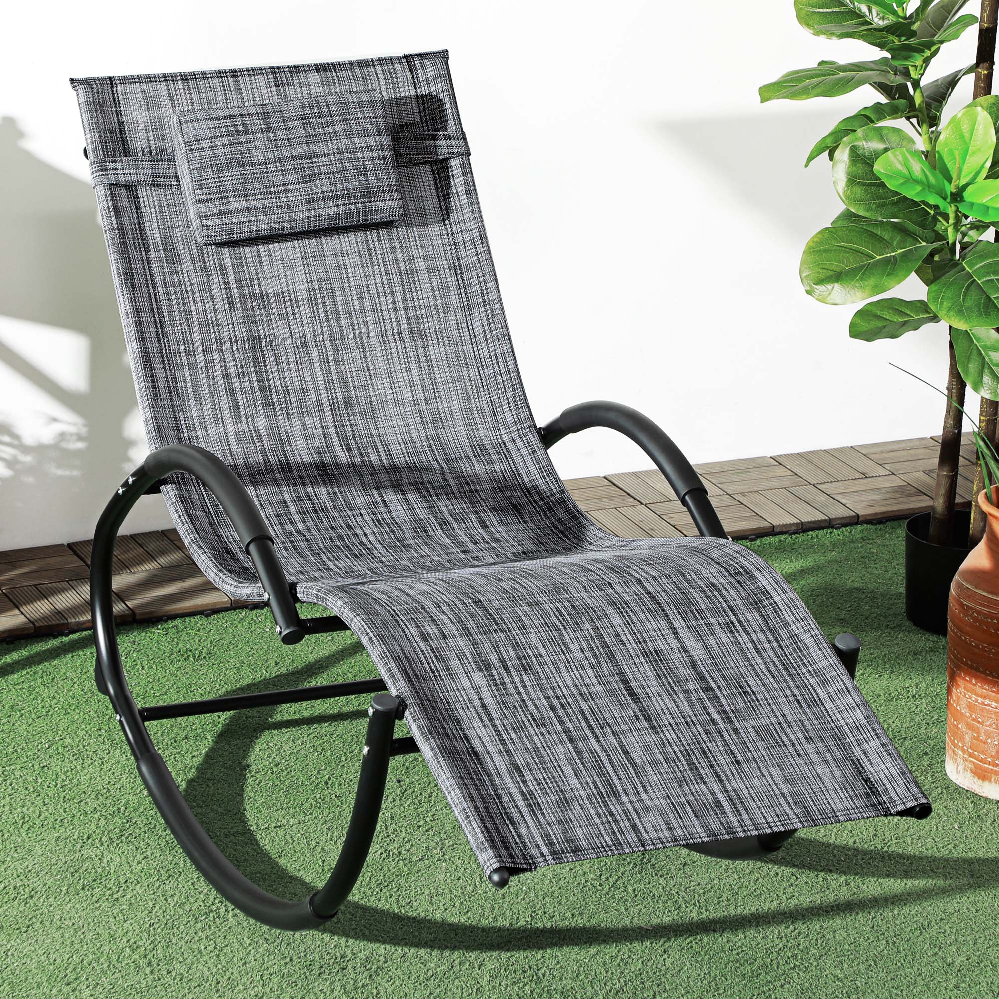 Rocking Chair, Ergonomic Garden Sun Lounger, with Headrest, Rocking Chair, Textilene, for Indoor Outdoor Use, Heather Gray