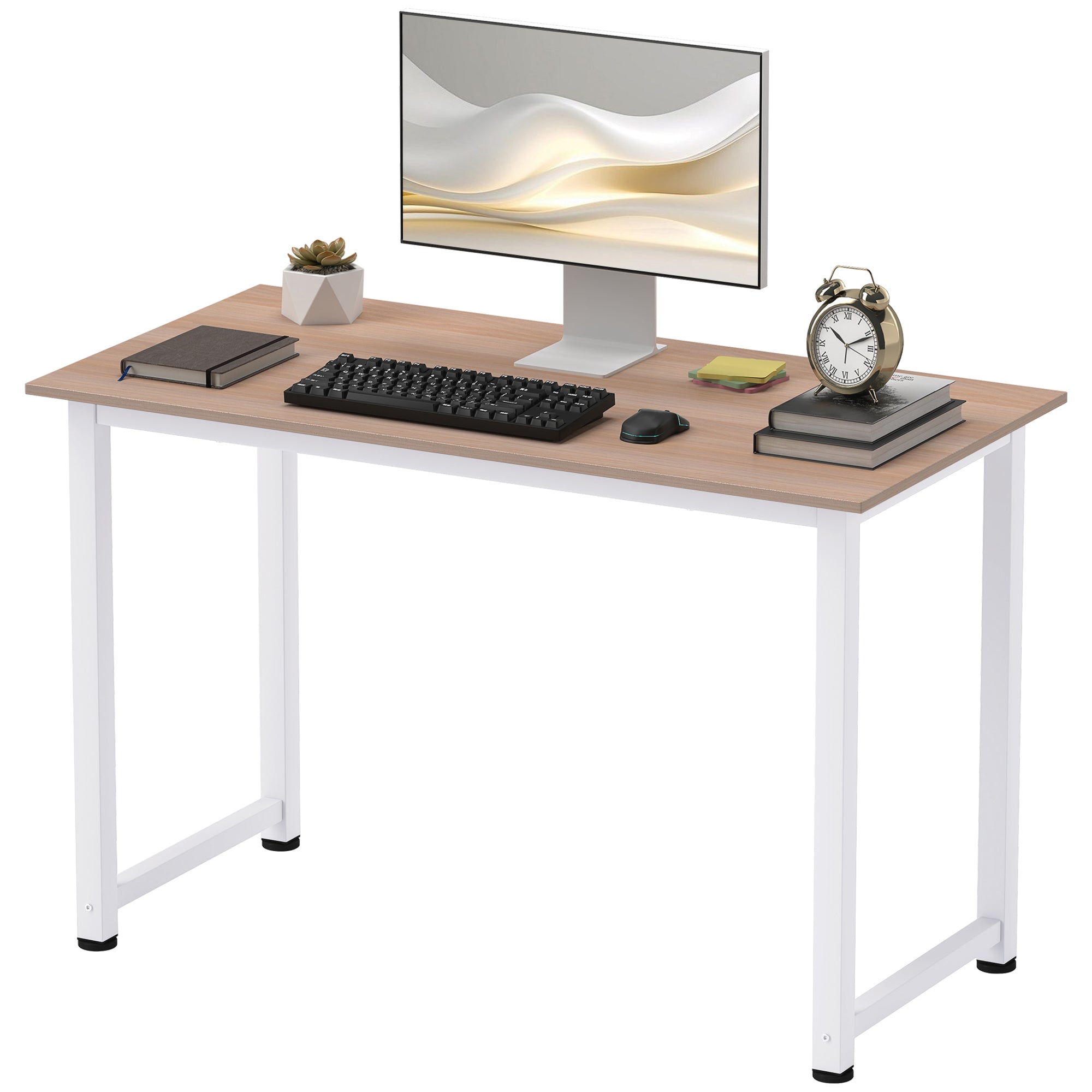 Modern Desk Study Table with Steel Frame and Adjustable Feet Computer Desk for Home Office 120x60x76 cm White and Natural