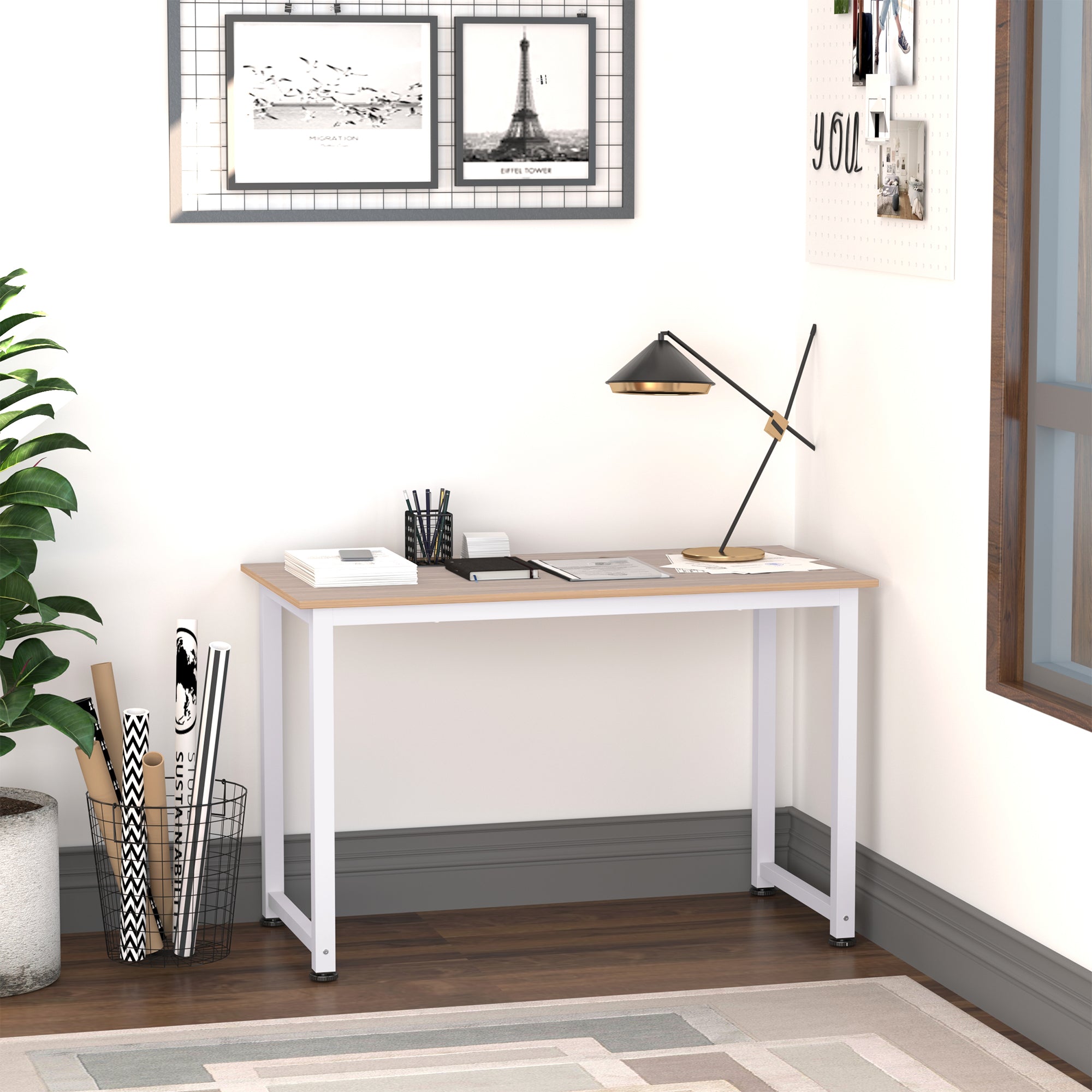 Modern Desk Study Table with Steel Frame and Adjustable Feet Computer Desk for Home Office 120x60x76 cm White and Natural