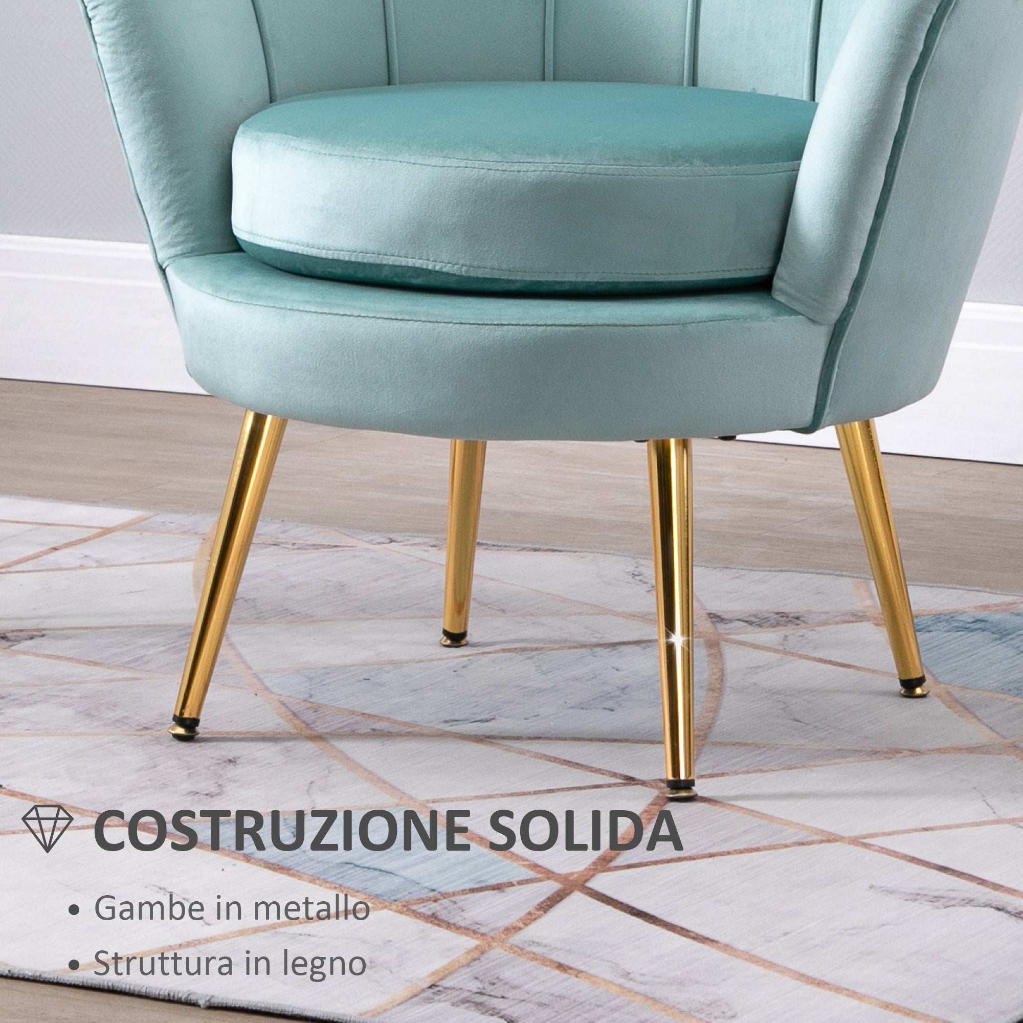 Vintage Design Armchair in Blue Velvet, High Back Bedroom Armchair 76x67x74cm, Green