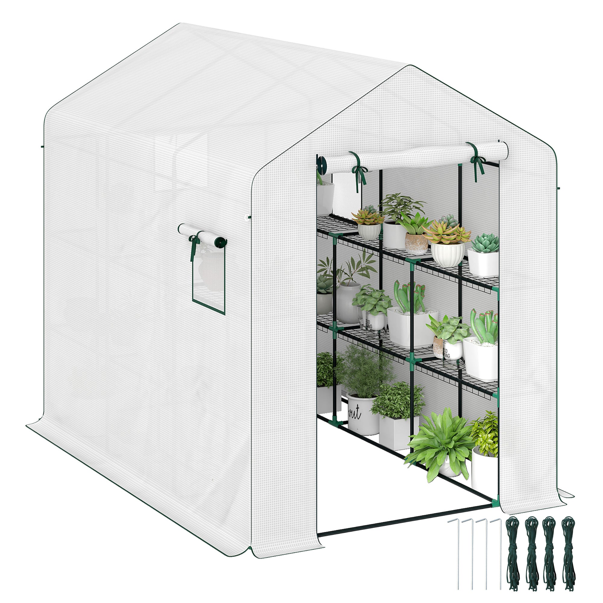 Garden Greenhouse with 3-Tier Shelves, Outdoor Greenhouse with 135gsm UV-Resistant Reinforced Cover, Steel Frame, Roll-Up Zipper Doors, and Mesh Windows, White
