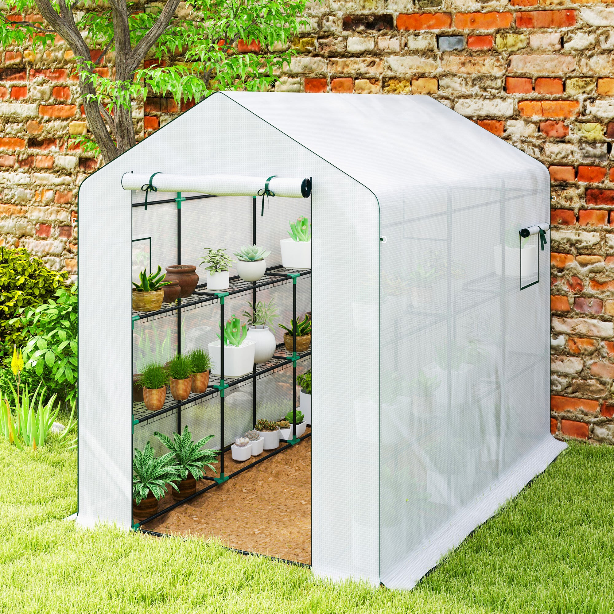 Garden Greenhouse with 3-Tier Shelves, Outdoor Greenhouse with 135gsm UV-Resistant Reinforced Cover, Steel Frame, Roll-Up Zipper Doors, and Mesh Windows, White