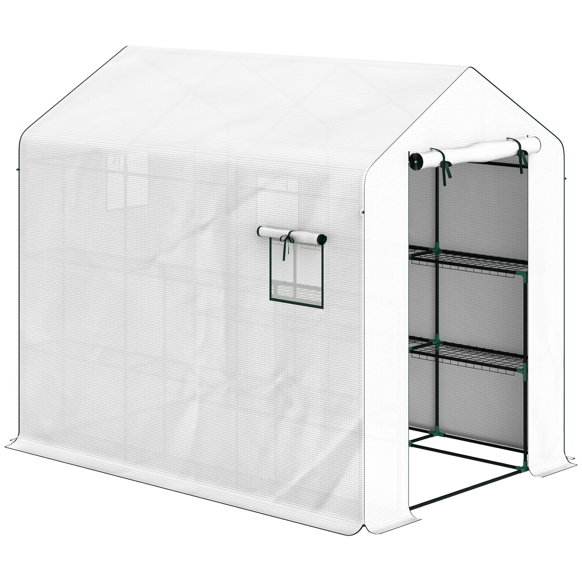 Garden Greenhouse with 3-Tier Shelves, Outdoor Greenhouse with 135gsm UV-Resistant Reinforced Cover, Steel Frame, Roll-Up Zipper Doors, and Mesh Windows, White