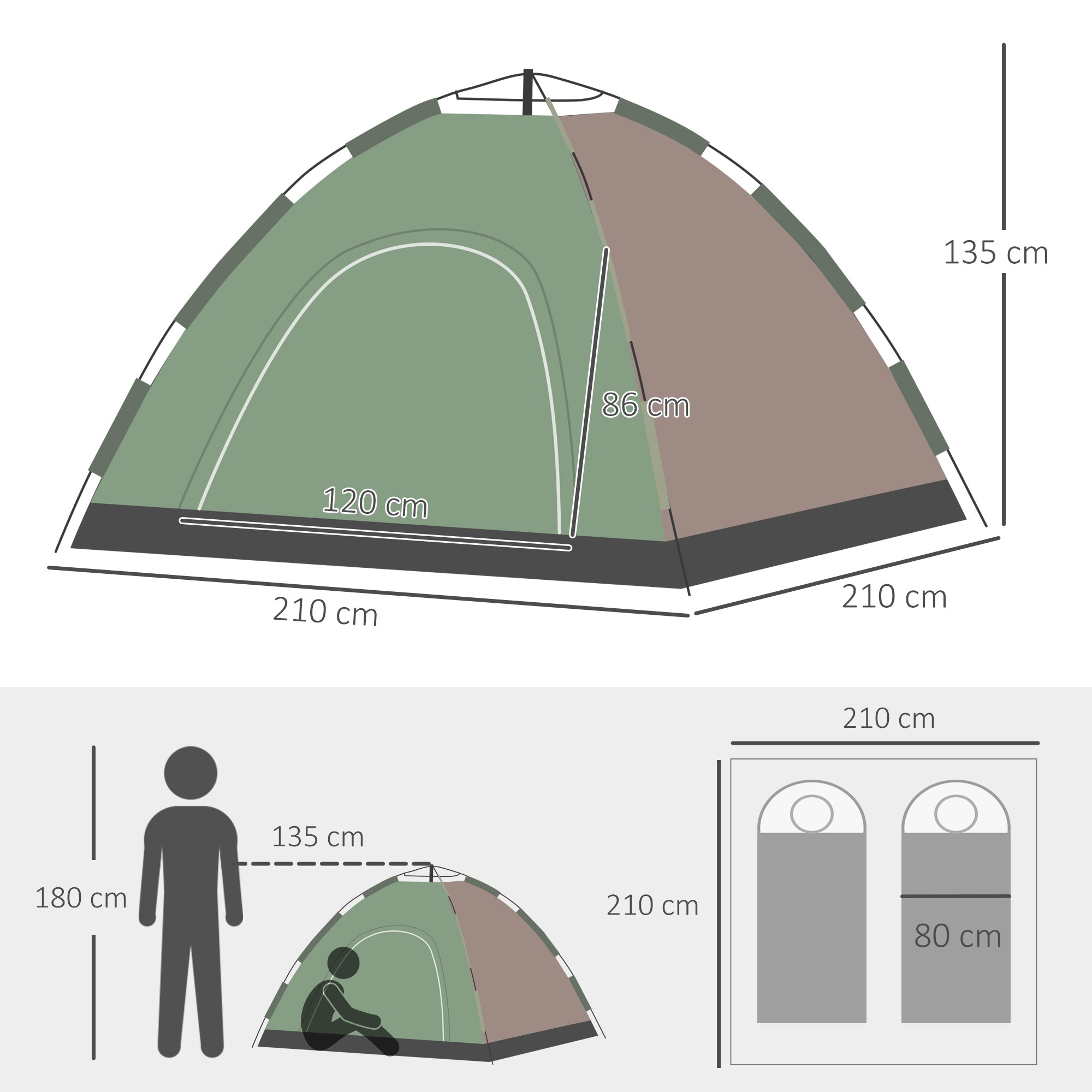 Pop-Up 4-Person Camping Tent, Beach Tent with Carry Bag, Lamp Hooks, and Storage Pockets, UV Protection, 210x210x135 cm
