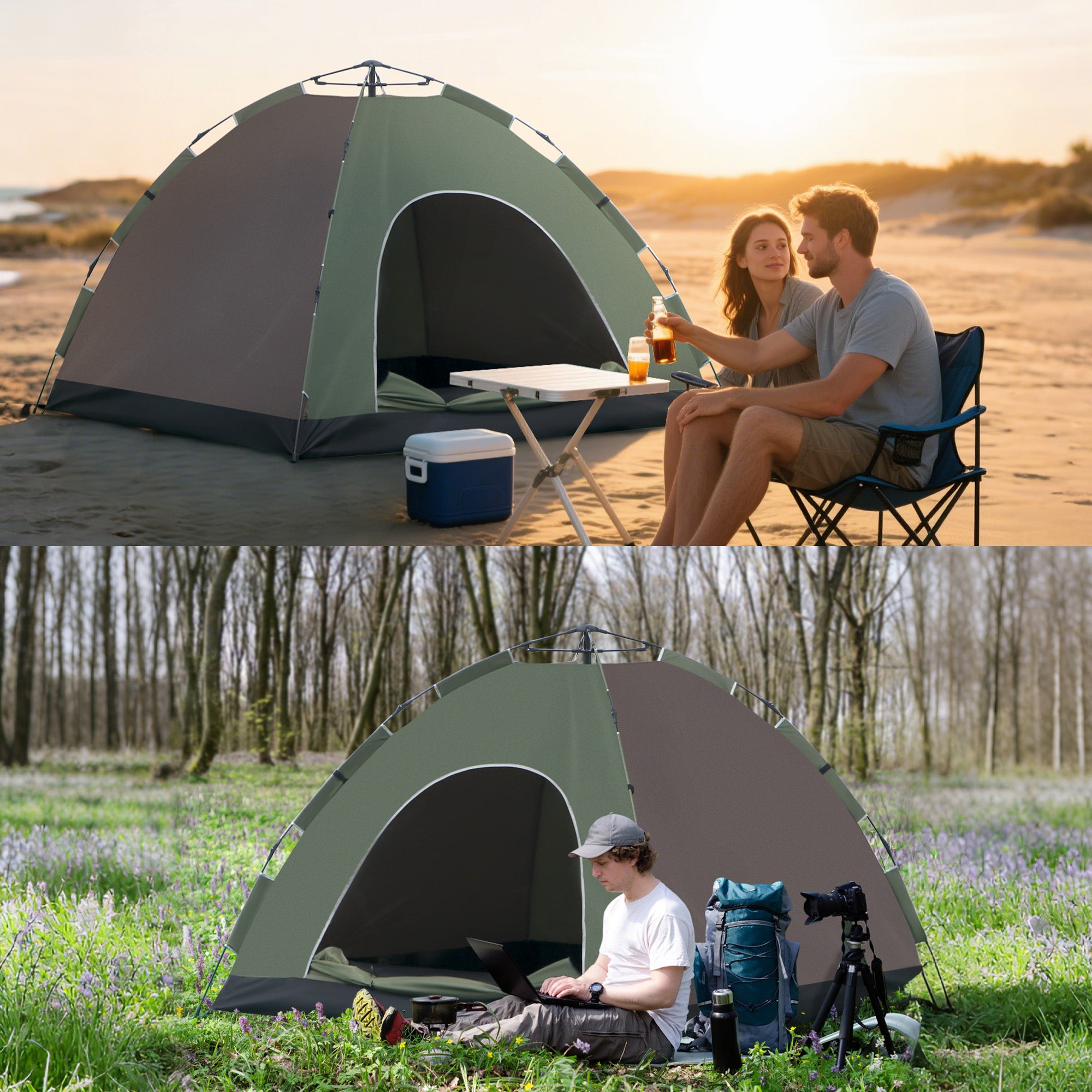 Pop-Up 4-Person Camping Tent, Beach Tent with Carry Bag, Lamp Hooks, and Storage Pockets, UV Protection, 210x210x135 cm