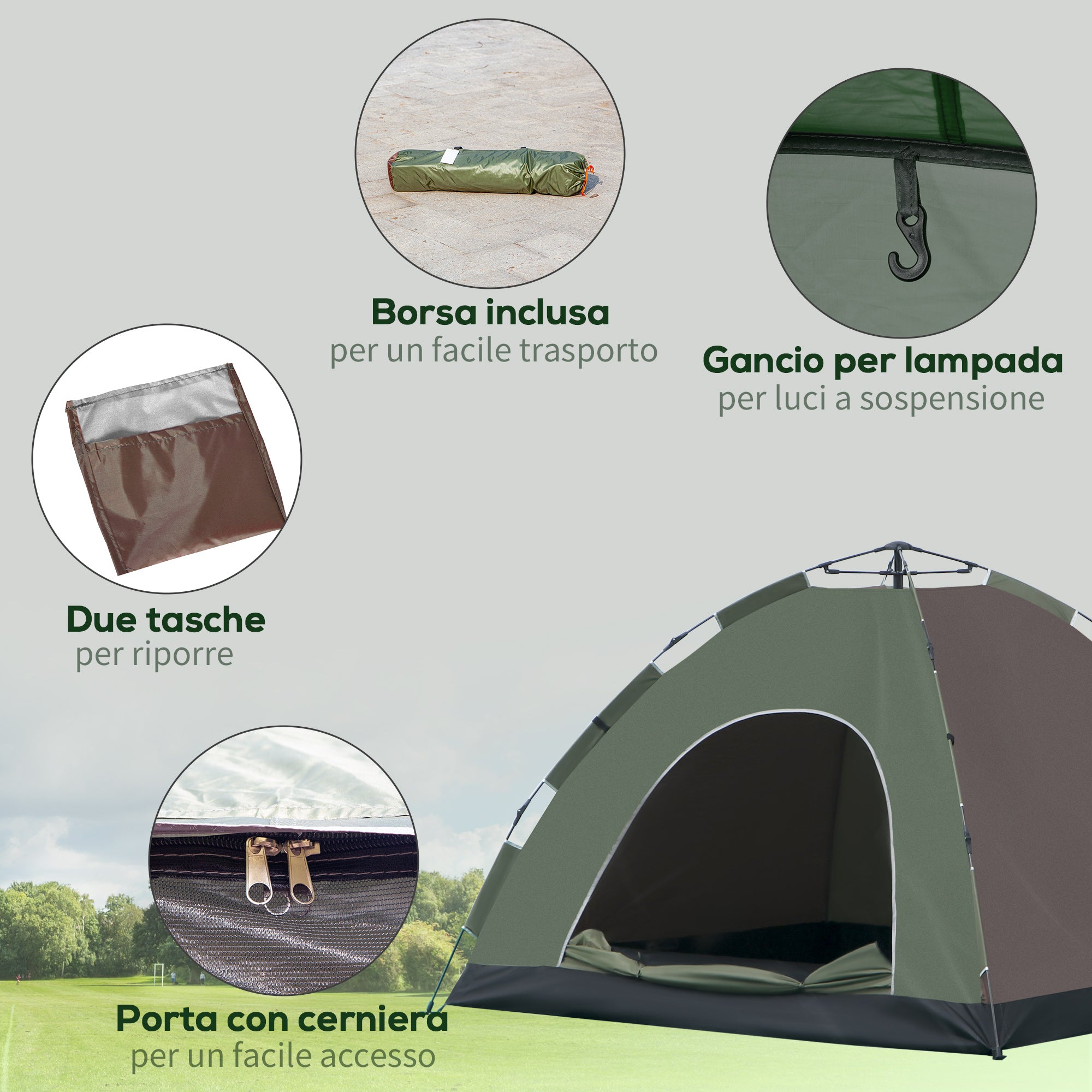 Pop-Up 4-Person Camping Tent, Beach Tent with Carry Bag, Lamp Hooks, and Storage Pockets, UV Protection, 210x210x135 cm