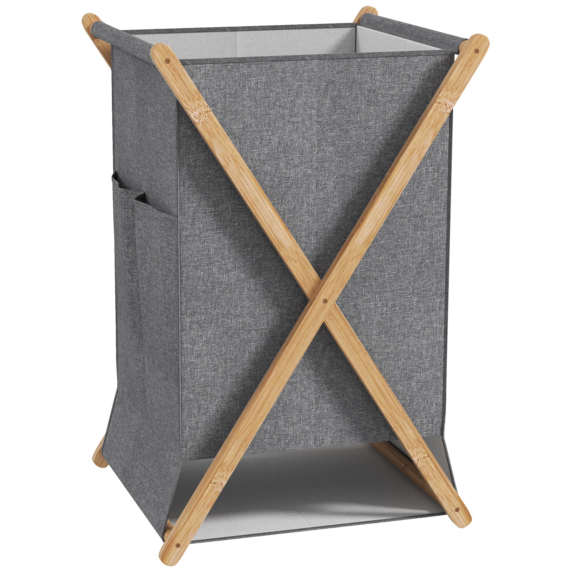 Foldable Laundry Hamper 55L, Fabric Basket with Bamboo Frame for Bedroom and Laundry Room, Natural Wood and Gray