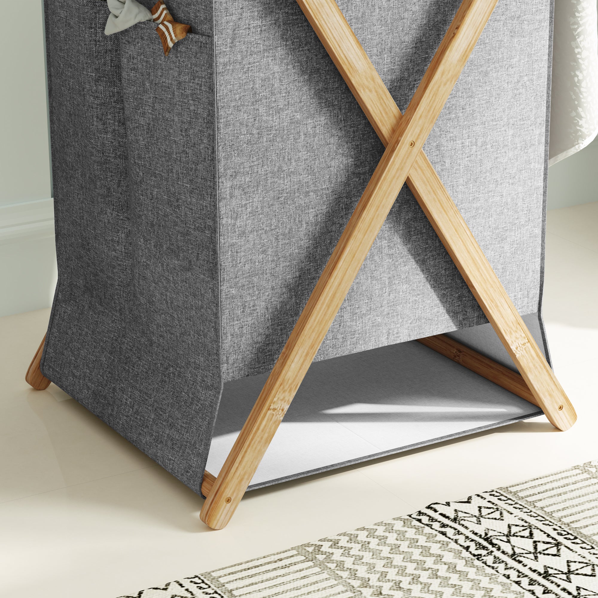 Foldable Laundry Hamper 55L, Fabric Basket with Bamboo Frame for Bedroom and Laundry Room, Natural Wood and Gray
