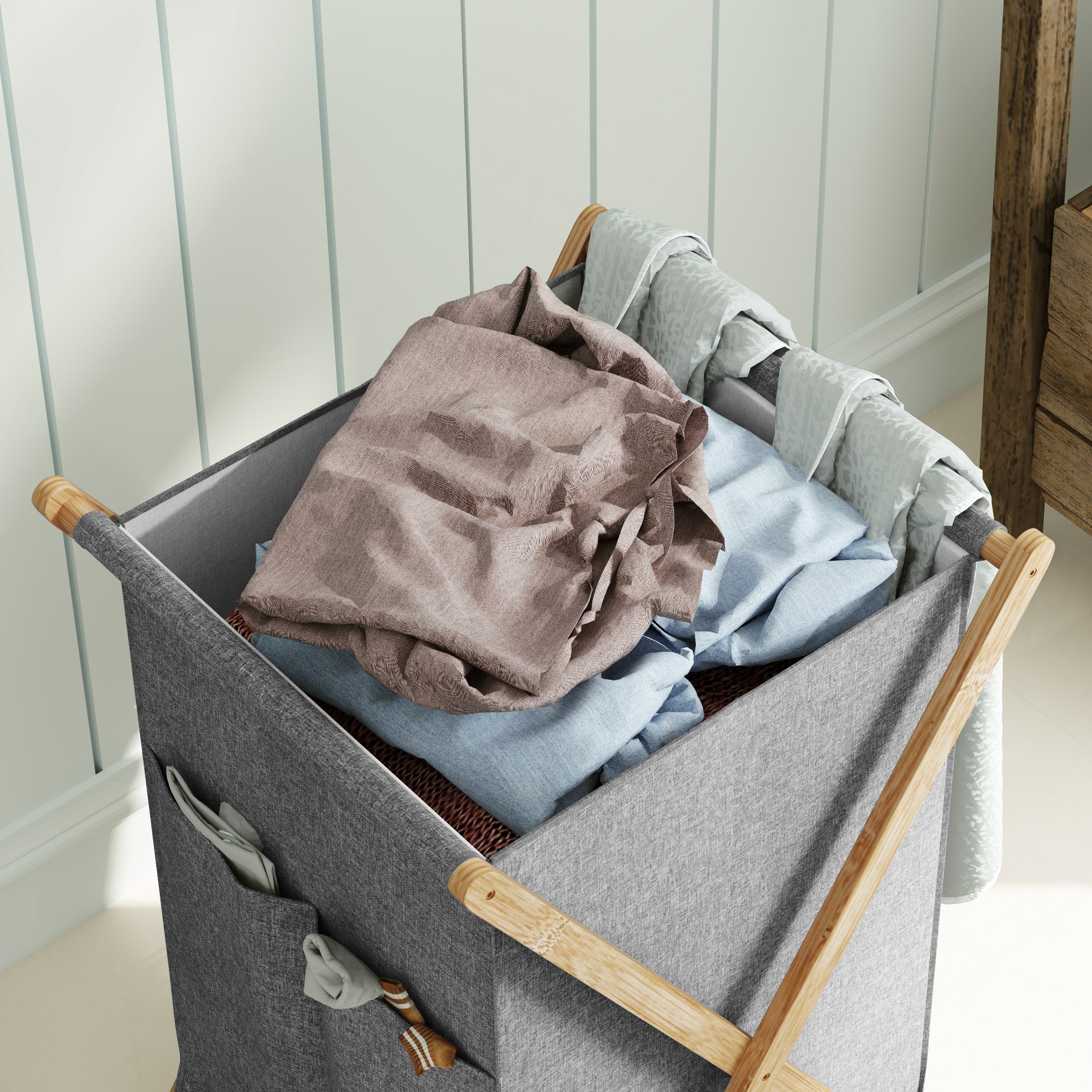 Foldable Laundry Hamper 55L, Fabric Basket with Bamboo Frame for Bedroom and Laundry Room, Natural Wood and Gray