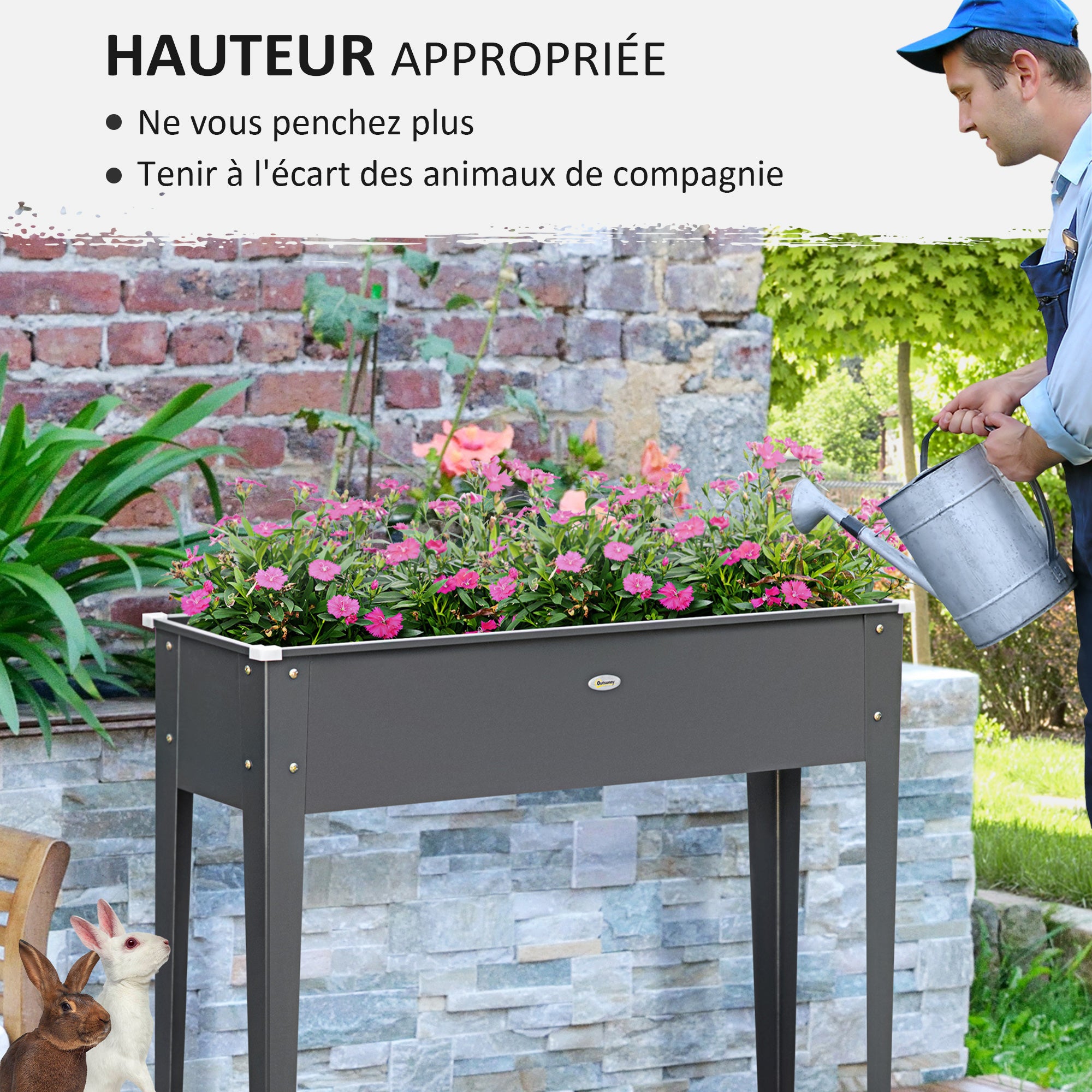 Raised Bed Planting Trough on Legs Square 100 x 30 x 80 cm with Drainage Hole - Hot-Dip Galvanized Steel Gray