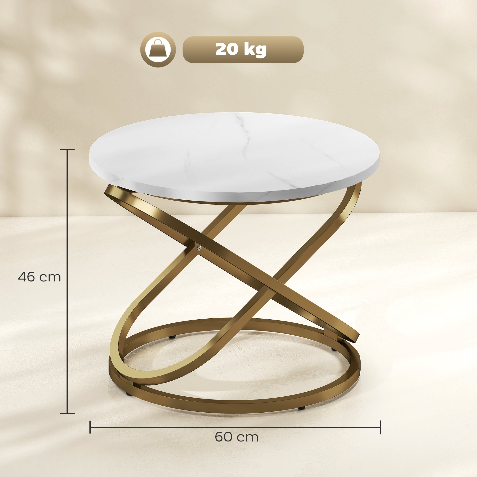 Round Coffee Table — Industrial Style Gold Metal Base with Marble-Effect Top, Ø 60 × 46 cm (Ø 23.6 × 18.1 in)