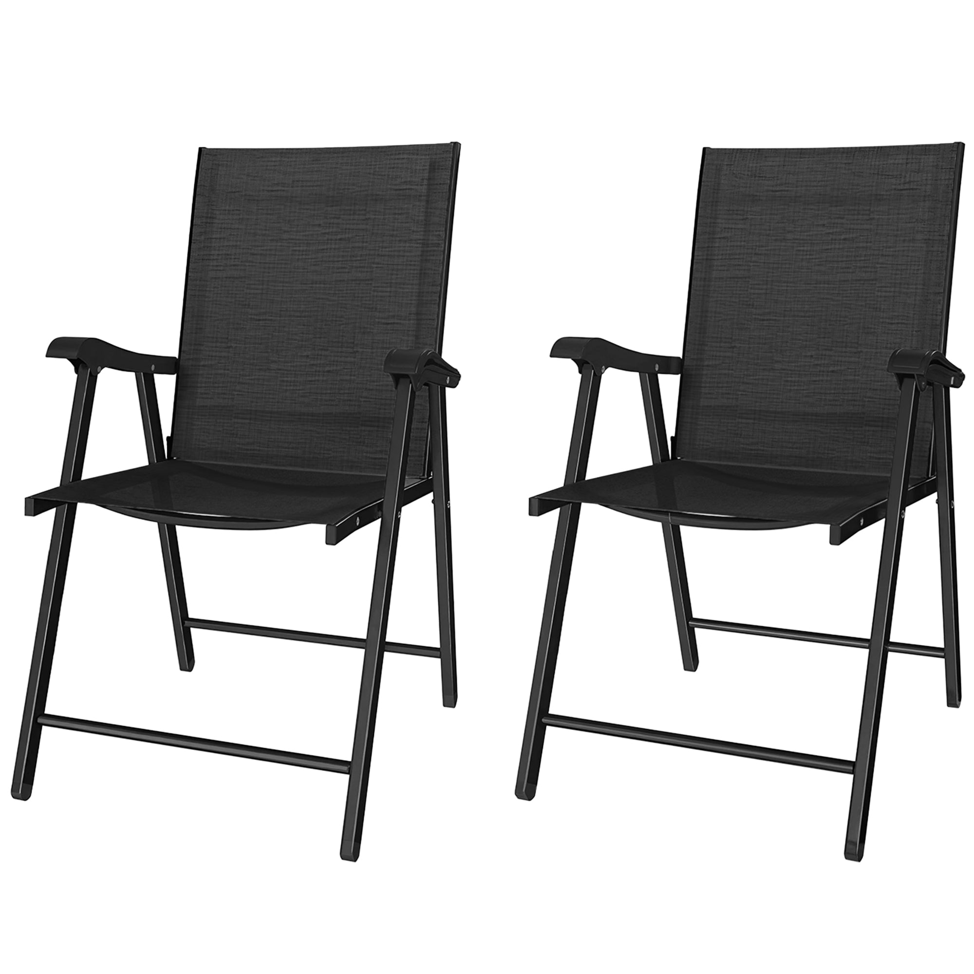 2-Pack Folding Garden Chairs, Foldable with High Back & Armrests for Garden, Balcony, Terrace — Steel Frame, Black Texteline, 22.8" x 24.4" x 38.2" (58 x 62 x 97 cm)