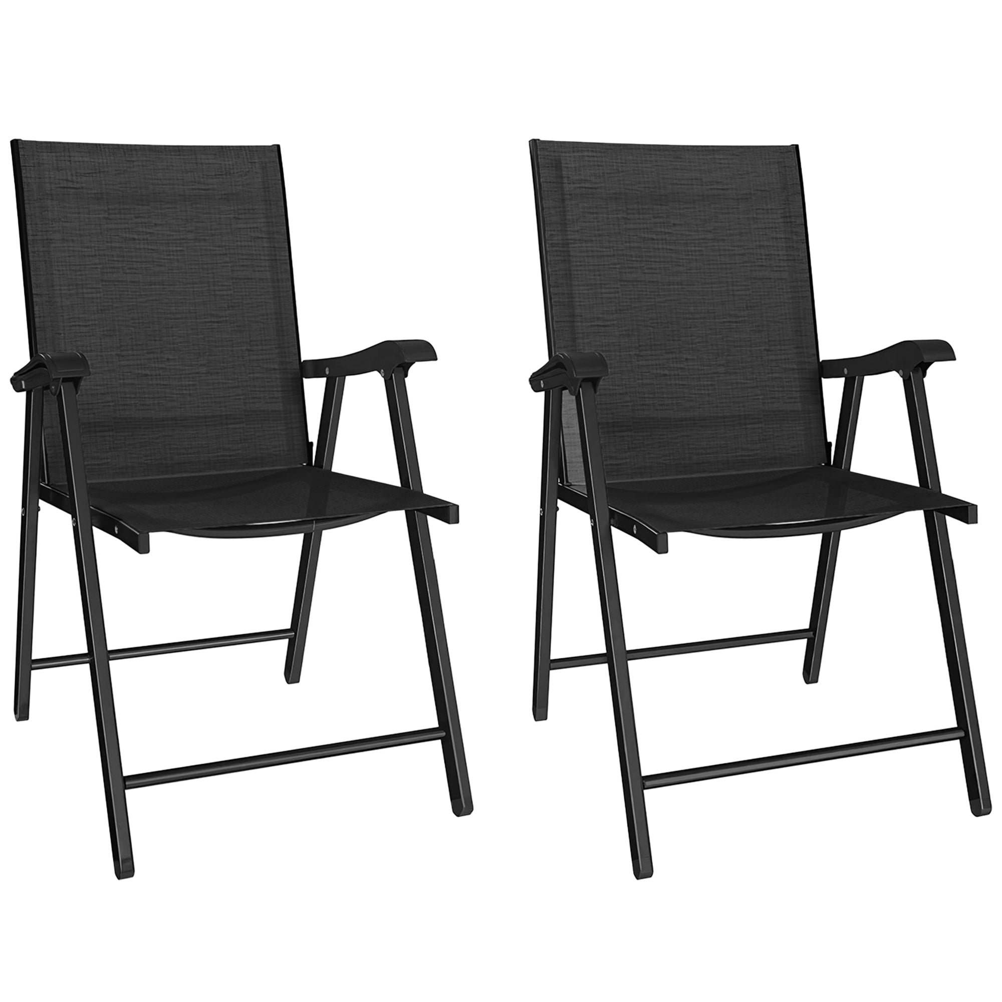2-Pack Folding Garden Chairs, Foldable with High Back & Armrests for Garden, Balcony, Terrace — Steel Frame, Black Texteline, 22.8" x 24.4" x 38.2" (58 x 62 x 97 cm)