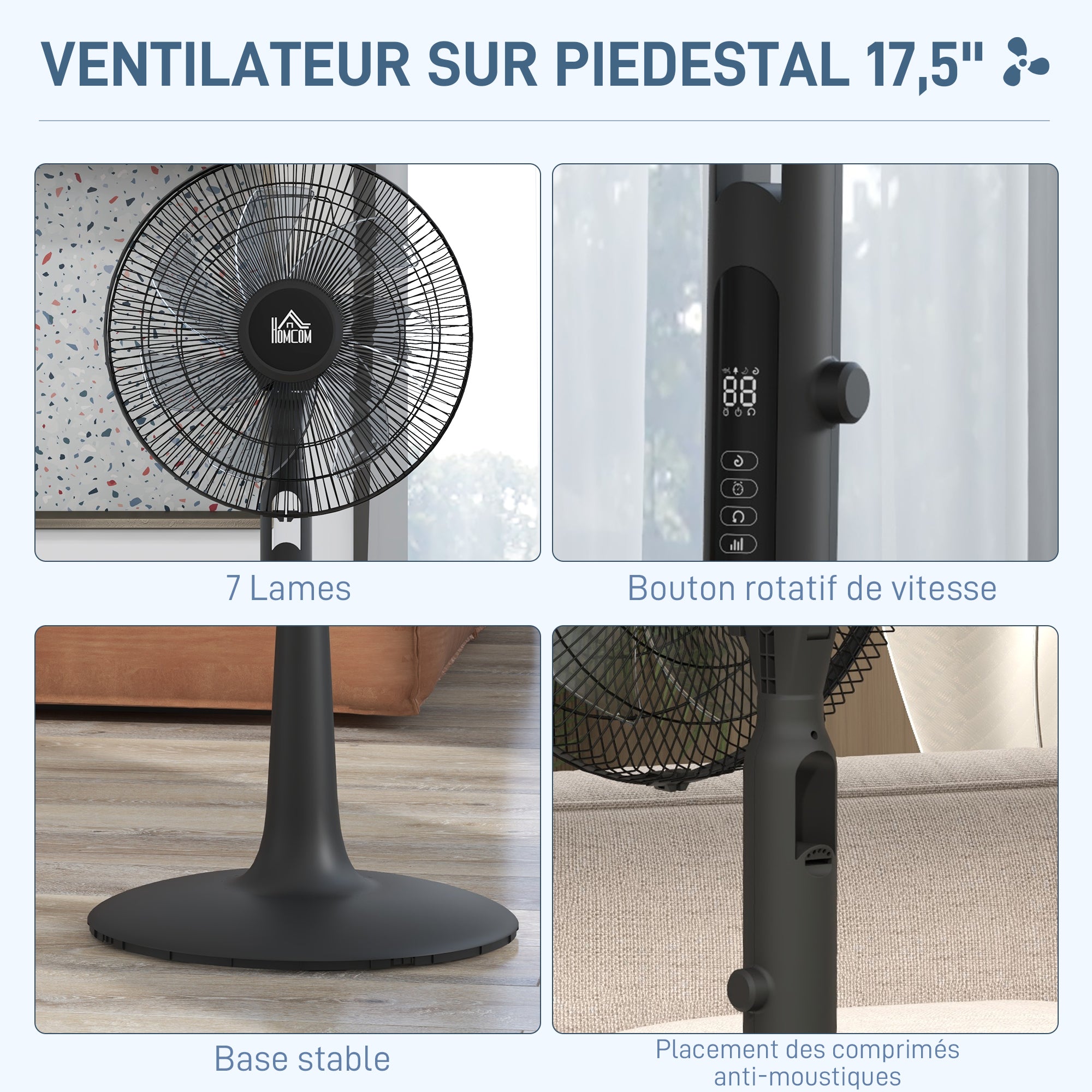 16.5-inch Pedestal Fan 40W Silent Remote Timer 3 Modes 28 Speeds, Mosquito Repellent Function, Adjustable Height 75° Oscillation Black