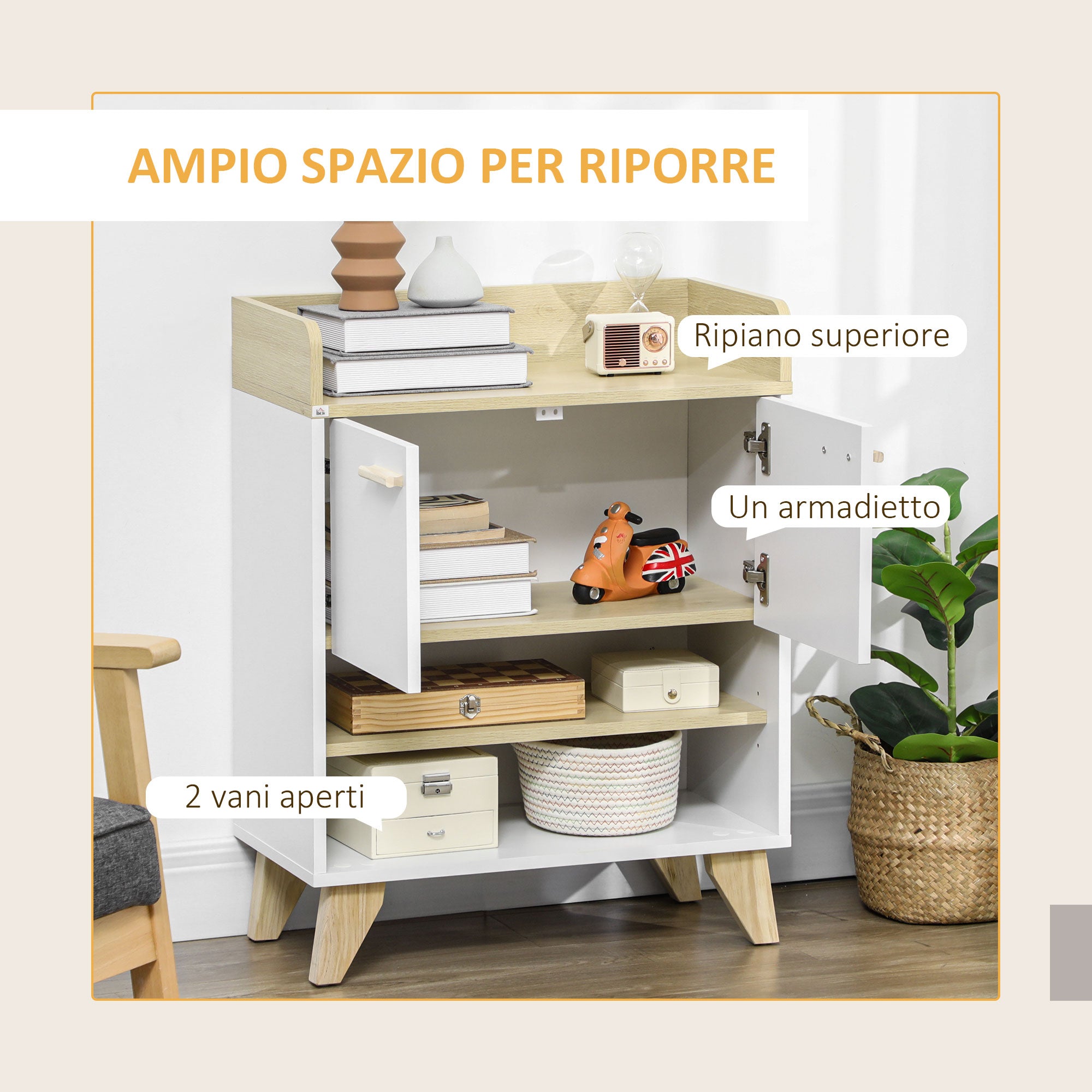 Multi-Purpose Cabinet with Cabinet and Open Shelves, Furniture for Living Room, Kitchen, Office in White Wood, 60x30x78cm