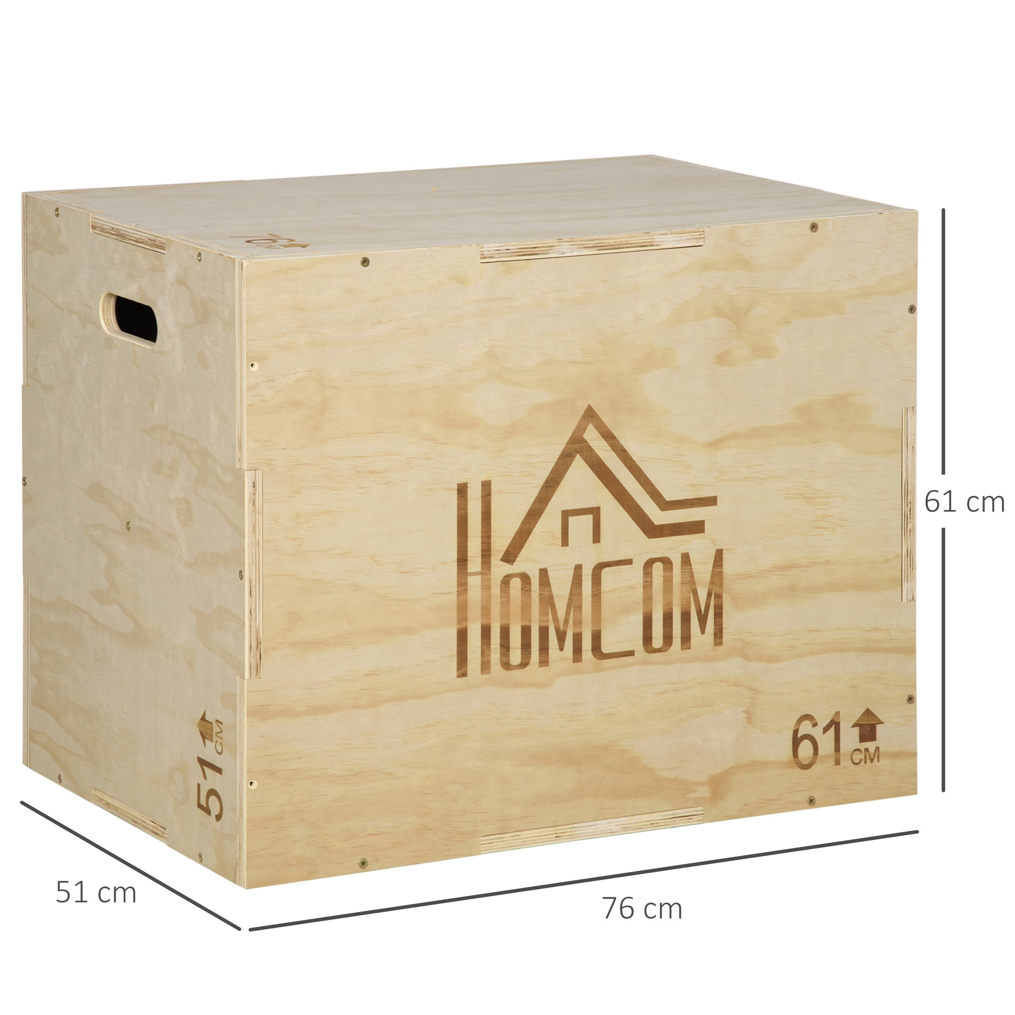 3-in-1 Wooden Plyometric Box Jump Box with 2 Hollow Handles Home Office Gym CrossFit Strength Training Load 120 kg 61x51x76 cm Natural Wood