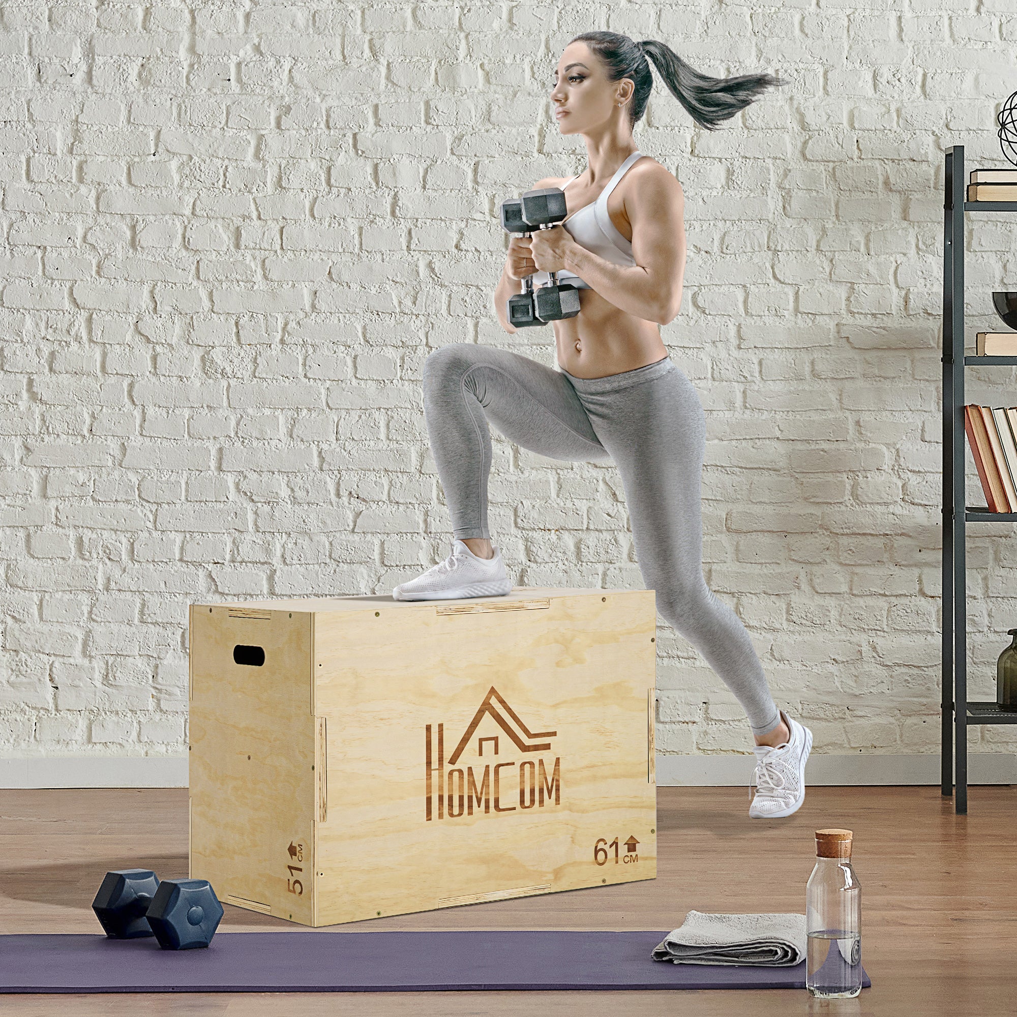3-in-1 Wooden Plyometric Box Jump Box with 2 Hollow Handles Home Office Gym CrossFit Strength Training Load 120 kg 61x51x76 cm Natural Wood