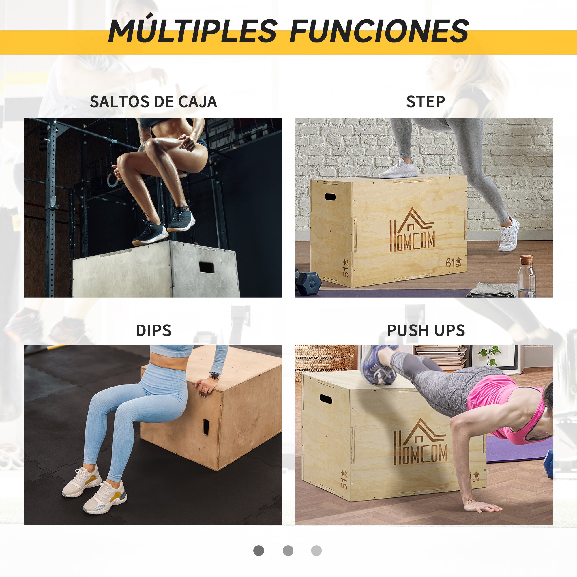 3-in-1 Wooden Plyometric Box Jump Box with 2 Hollow Handles Home Office Gym CrossFit Strength Training Load 120 kg 61x51x76 cm Natural Wood