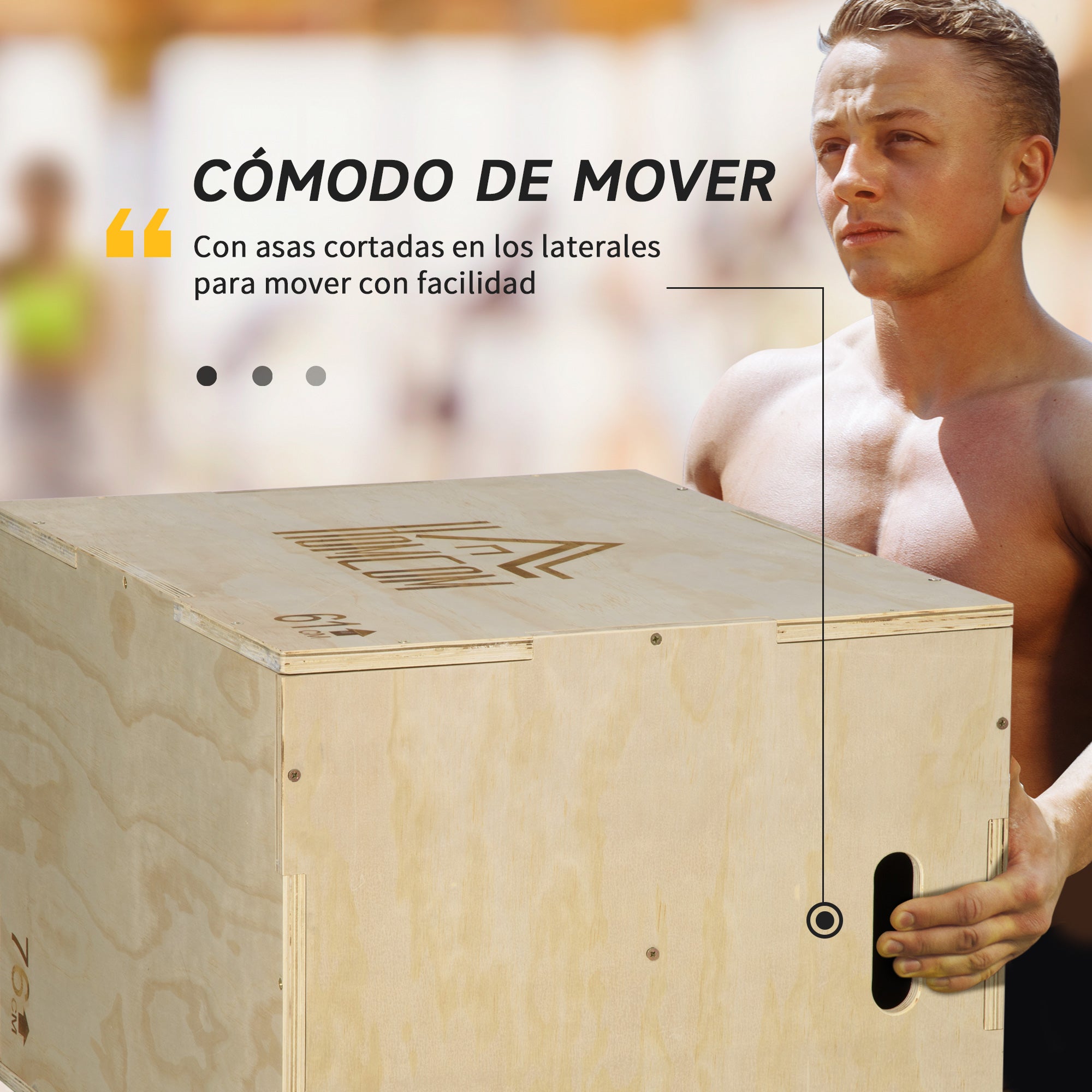 3-in-1 Wooden Plyometric Box Jump Box with 2 Hollow Handles Home Office Gym CrossFit Strength Training Load 120 kg 61x51x76 cm Natural Wood