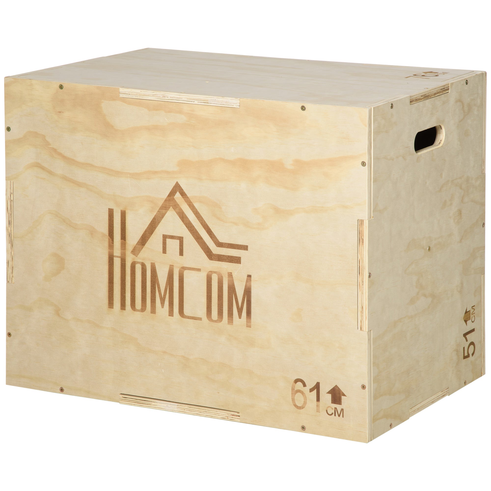 3-in-1 Wooden Plyometric Box Jump Box with 2 Hollow Handles Home Office Gym CrossFit Strength Training Load 120 kg 61x51x76 cm Natural Wood