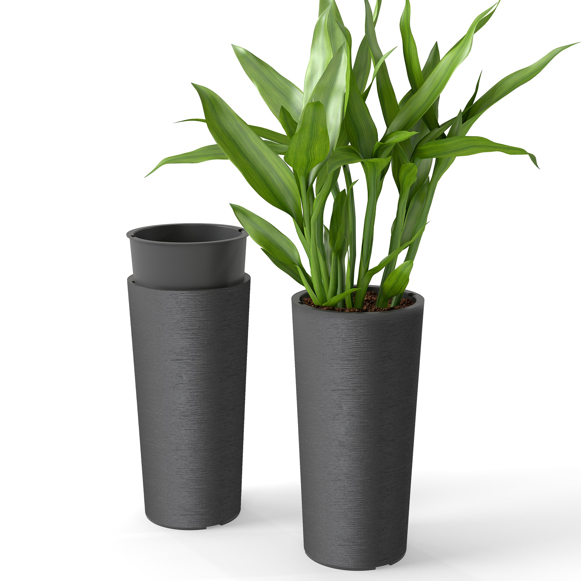 Set of 2 Stackable 23.6 in Tall Planters – Plastic Flower Pots with Inner Liner & Drainage, Dark Gray