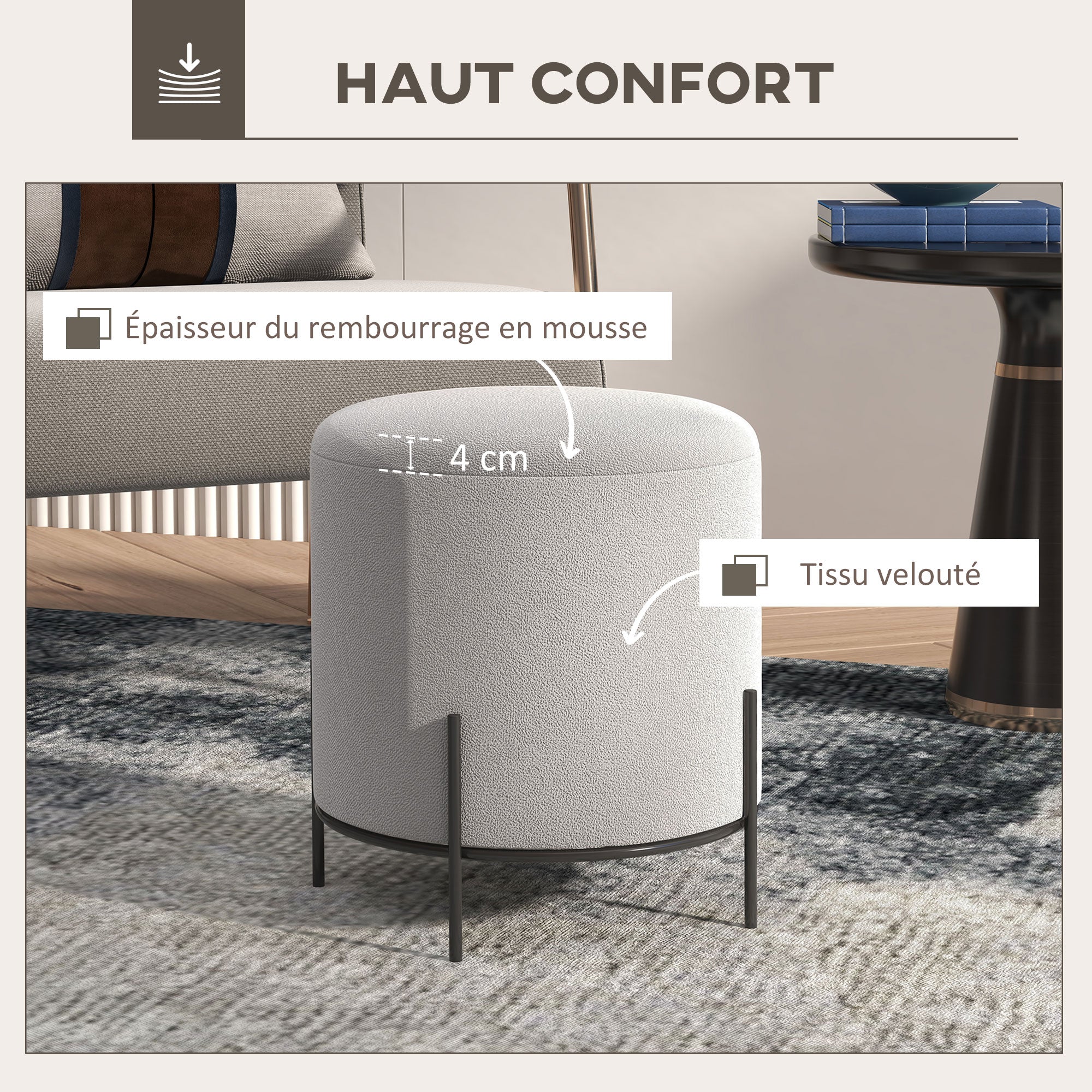 Ottoman Pouf Footstool Velvet Ottoman Steel Legs Ø 35 x 38 cm for Living Room Bedroom Light Gray