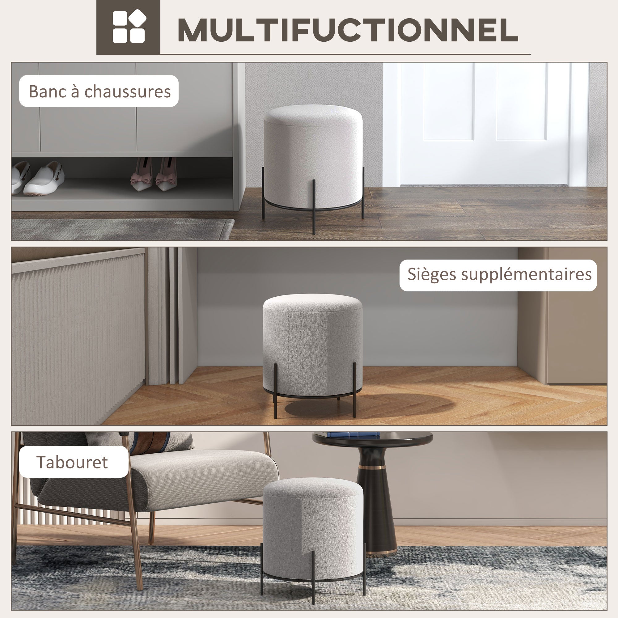 Ottoman Pouf Footstool Velvet Ottoman Steel Legs Ø 35 x 38 cm for Living Room Bedroom Light Gray