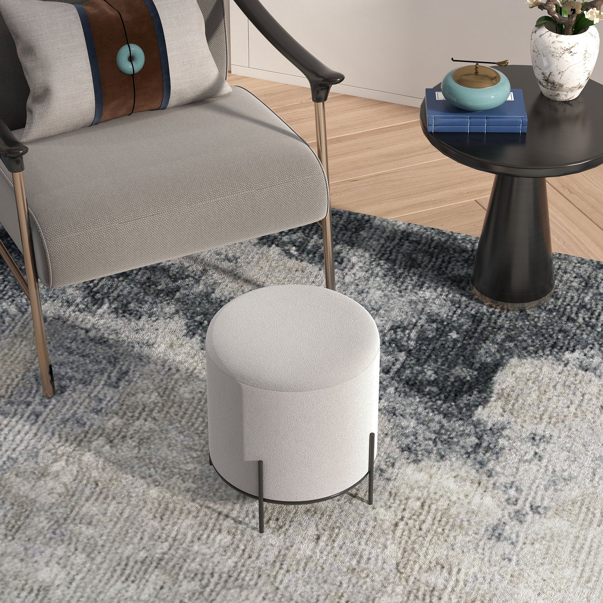 Ottoman Pouf Footstool Velvet Ottoman Steel Legs Ø 35 x 38 cm for Living Room Bedroom Light Gray