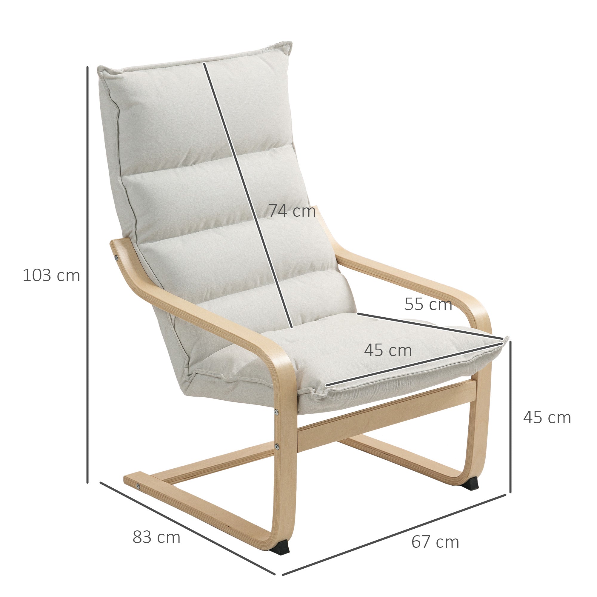 Modern Leisure Lounge Chair for Bedroom with Curved Armrests, Cushions, Velvet Lounge Chair - 67 x 83 x 105 cm, Cream