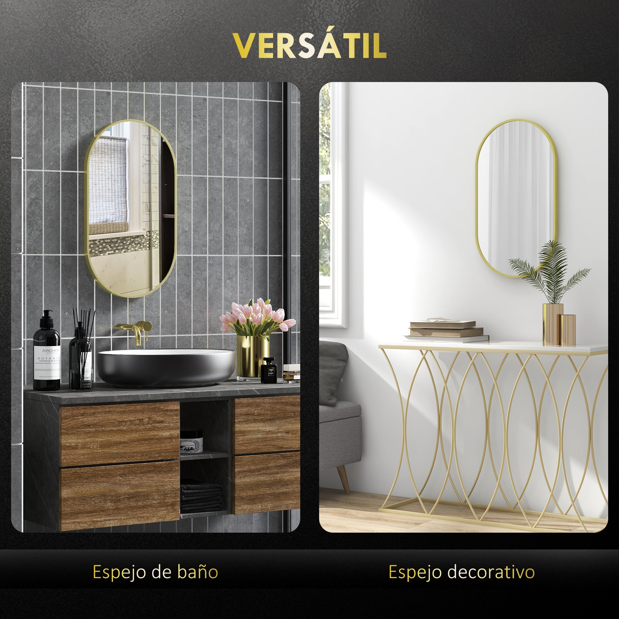 Oval Bathroom Mirror 40x70 cm with Aluminum Frame Decorative Wall Mirror Horizontal or Vertical for Living Room Entryway Hallway Gold