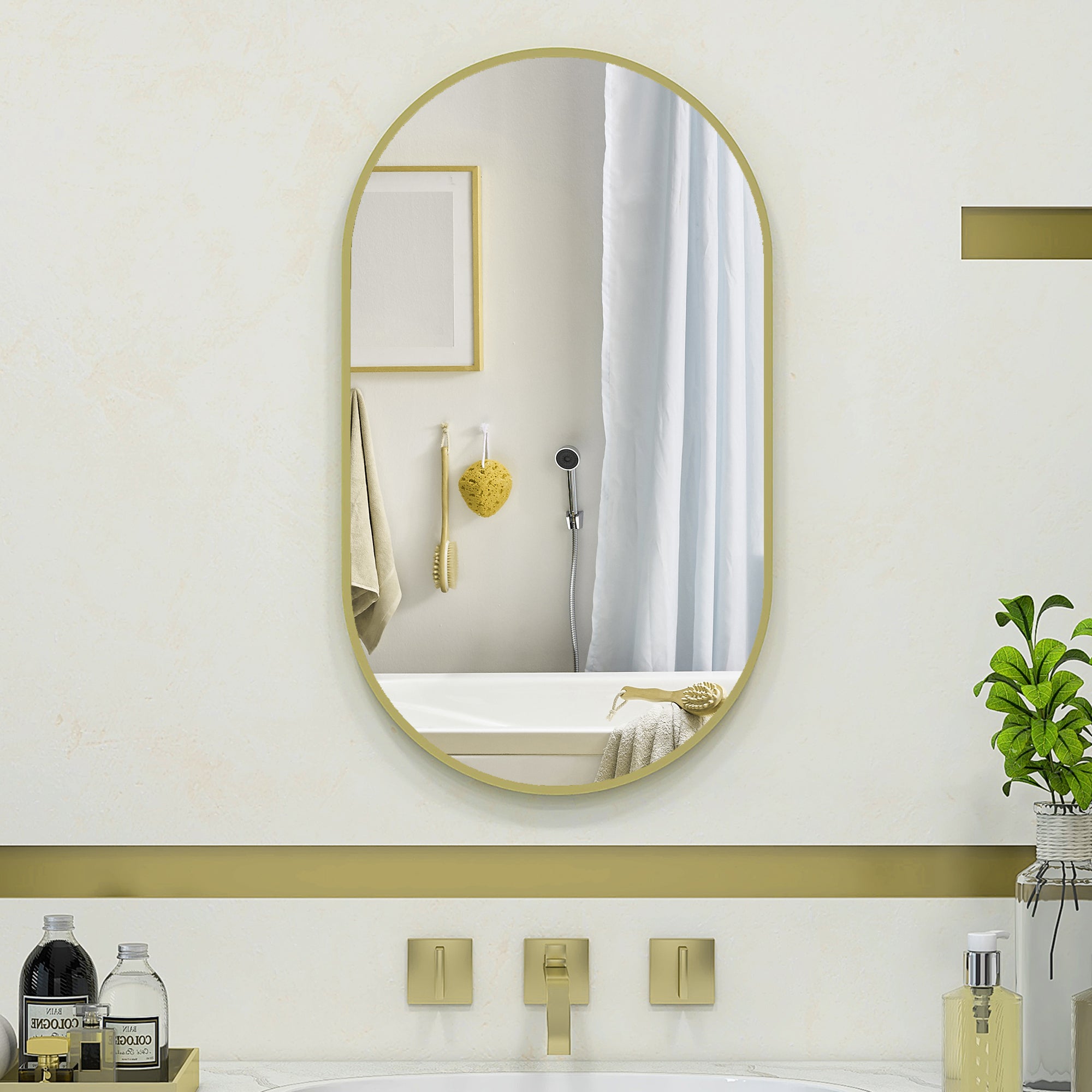 Oval Bathroom Mirror 40x70 cm with Aluminum Frame Decorative Wall Mirror Horizontal or Vertical for Living Room Entryway Hallway Gold