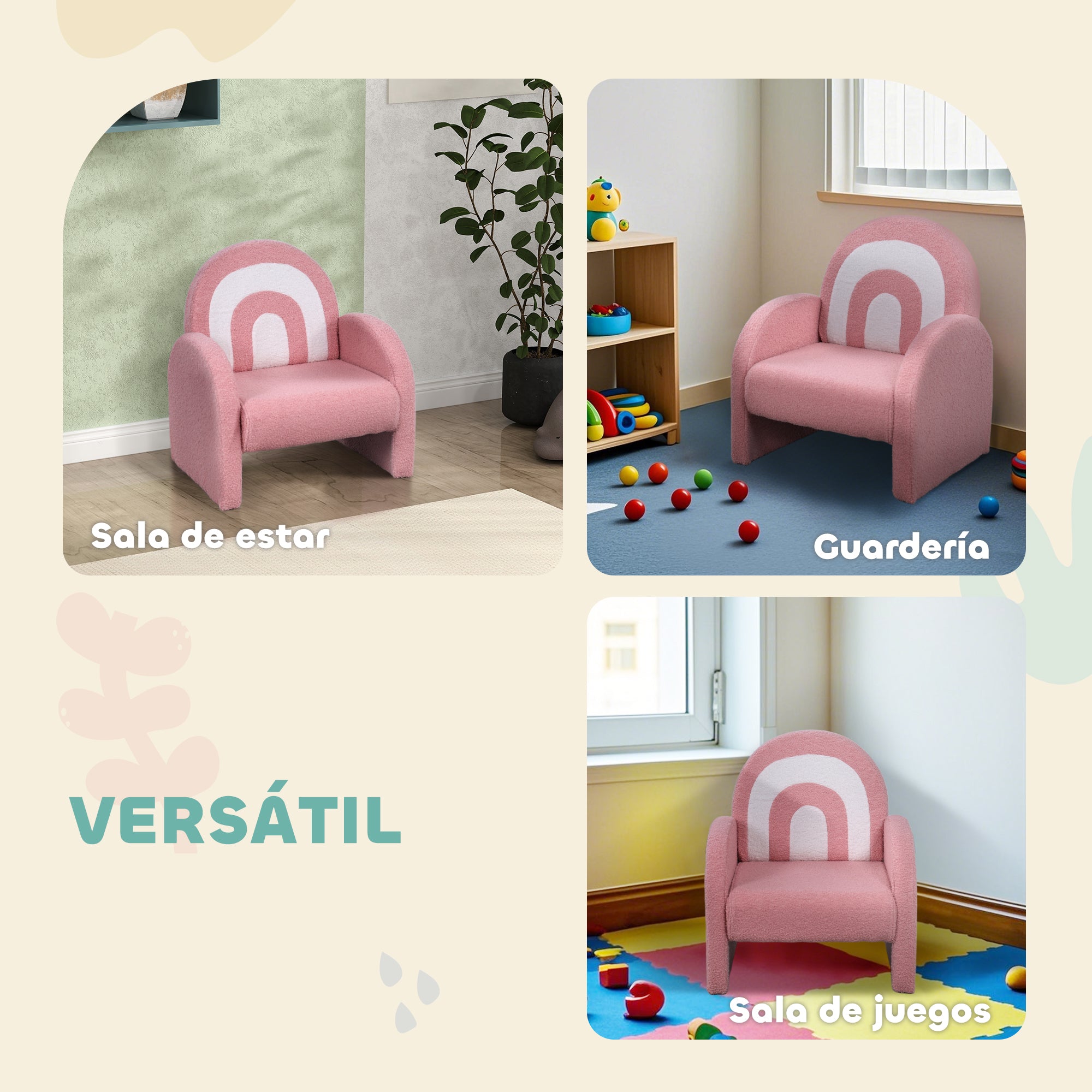 Children's Chair with Rainbow-Shaped Backrest Sofa for Children 18-96 Months Soft Sherpa Fabric Armrests 45 kg Load Pink
