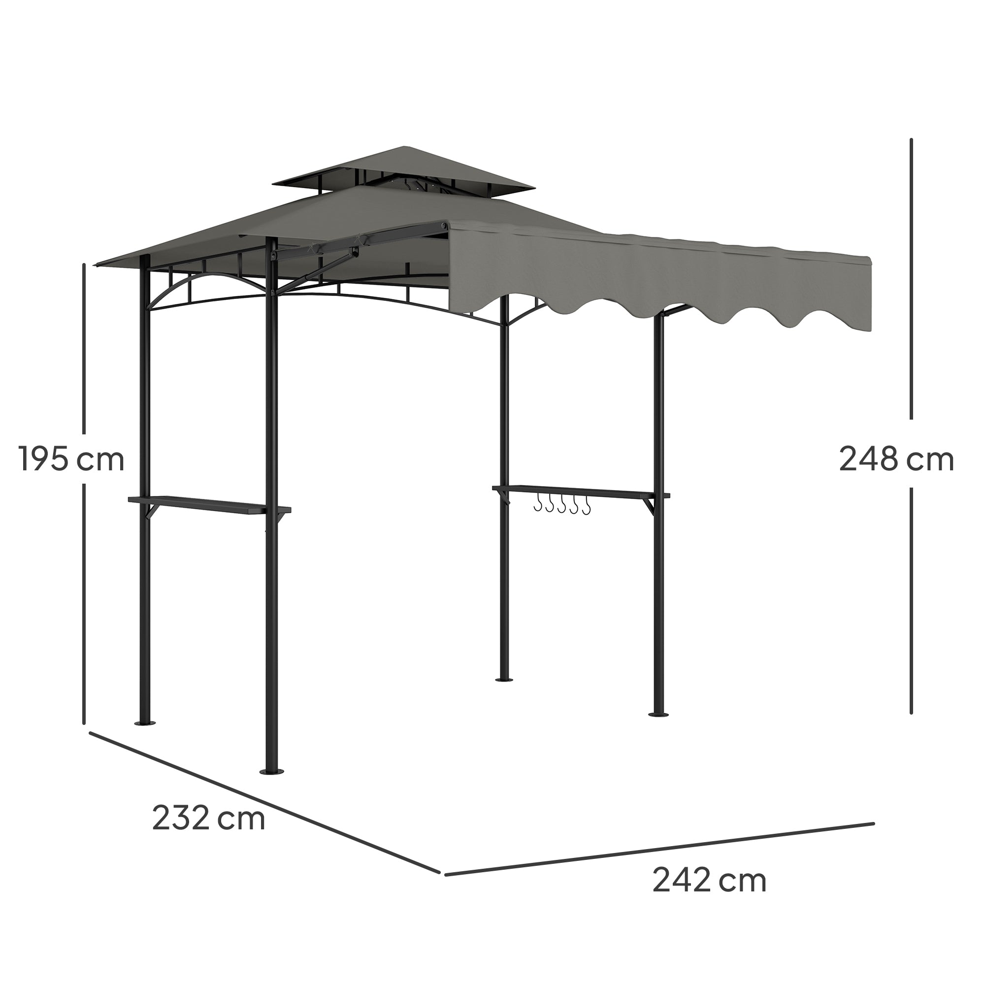 BBQ Gazebo 242 x 149 x 248 cm (95.3" x 58.7" x 97.6") — Water-Resistant, Flame-Retardant Double-Layer Roof, Side Shelves, UV30+, Gray