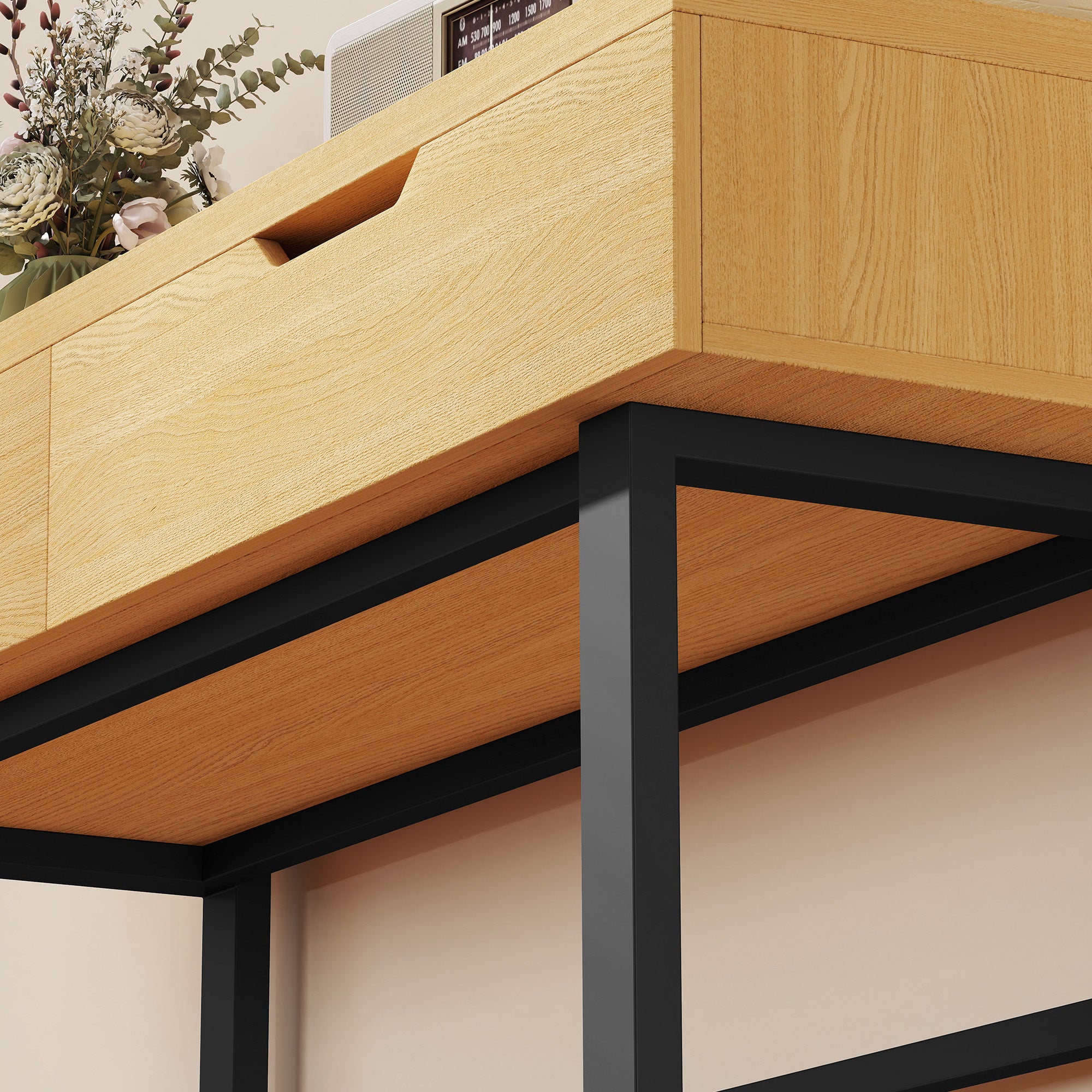 Narrow Console Table with 2 Drawers, Industrial Metal Frame, Natural – 110 × 35 × 76.5 cm (43.3″ × 13.8″ × 30.1″)