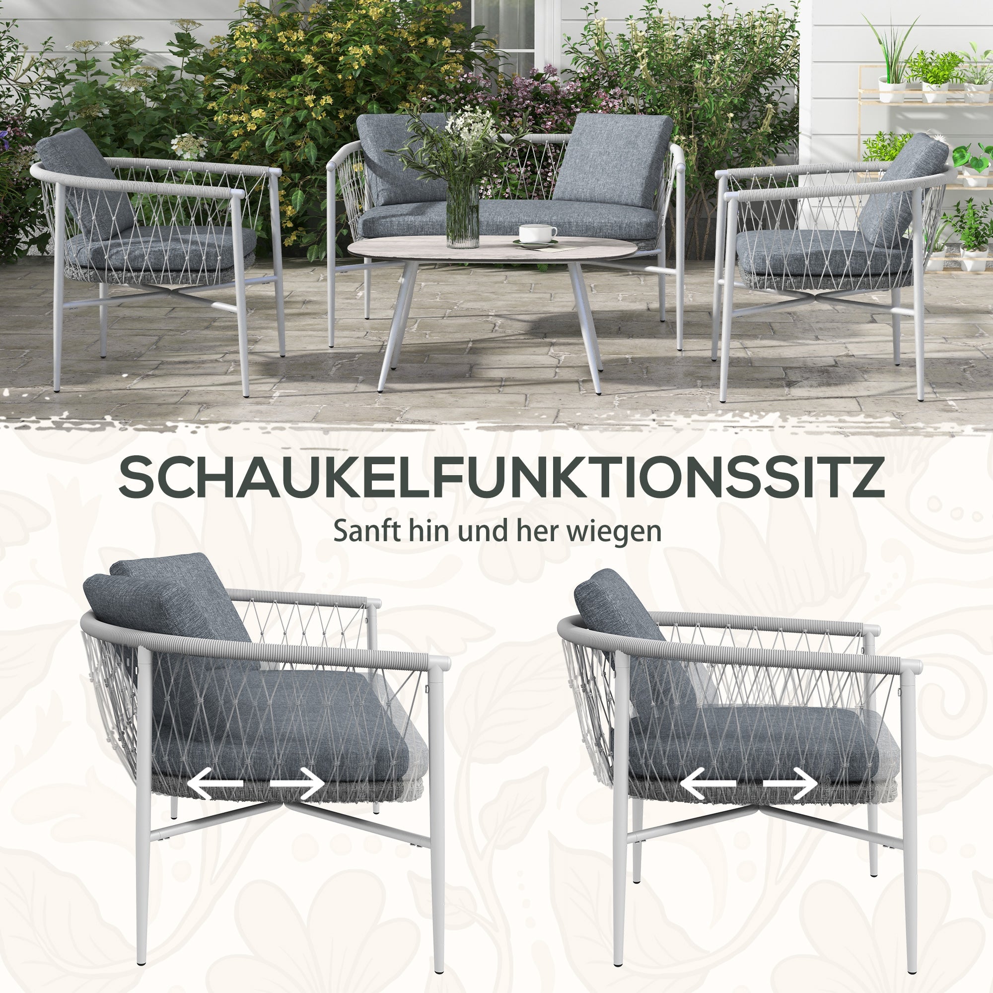 4 Piece Rattan Garden Furniture Set, Seating Group with Rocking Function, Garden Furniture Set with 1 Coffee Table, 2 Armchairs, 1 Double Sofa, Cushions, Seating Set for Garden, Terrace, Steel, Gray