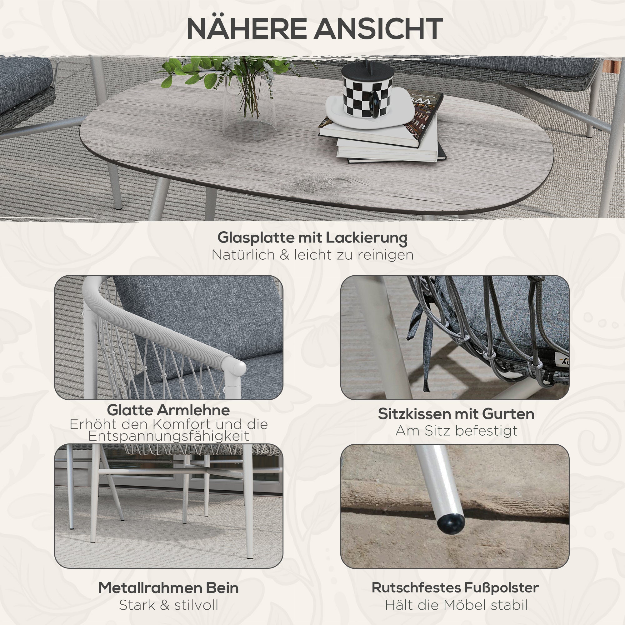 4 Piece Rattan Garden Furniture Set, Seating Group with Rocking Function, Garden Furniture Set with 1 Coffee Table, 2 Armchairs, 1 Double Sofa, Cushions, Seating Set for Garden, Terrace, Steel, Gray