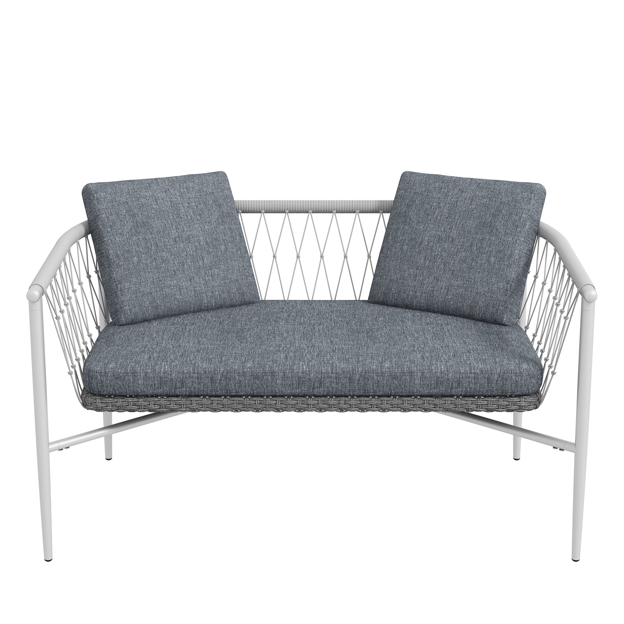 4 Piece Rattan Garden Furniture Set, Seating Group with Rocking Function, Garden Furniture Set with 1 Coffee Table, 2 Armchairs, 1 Double Sofa, Cushions, Seating Set for Garden, Terrace, Steel, Gray