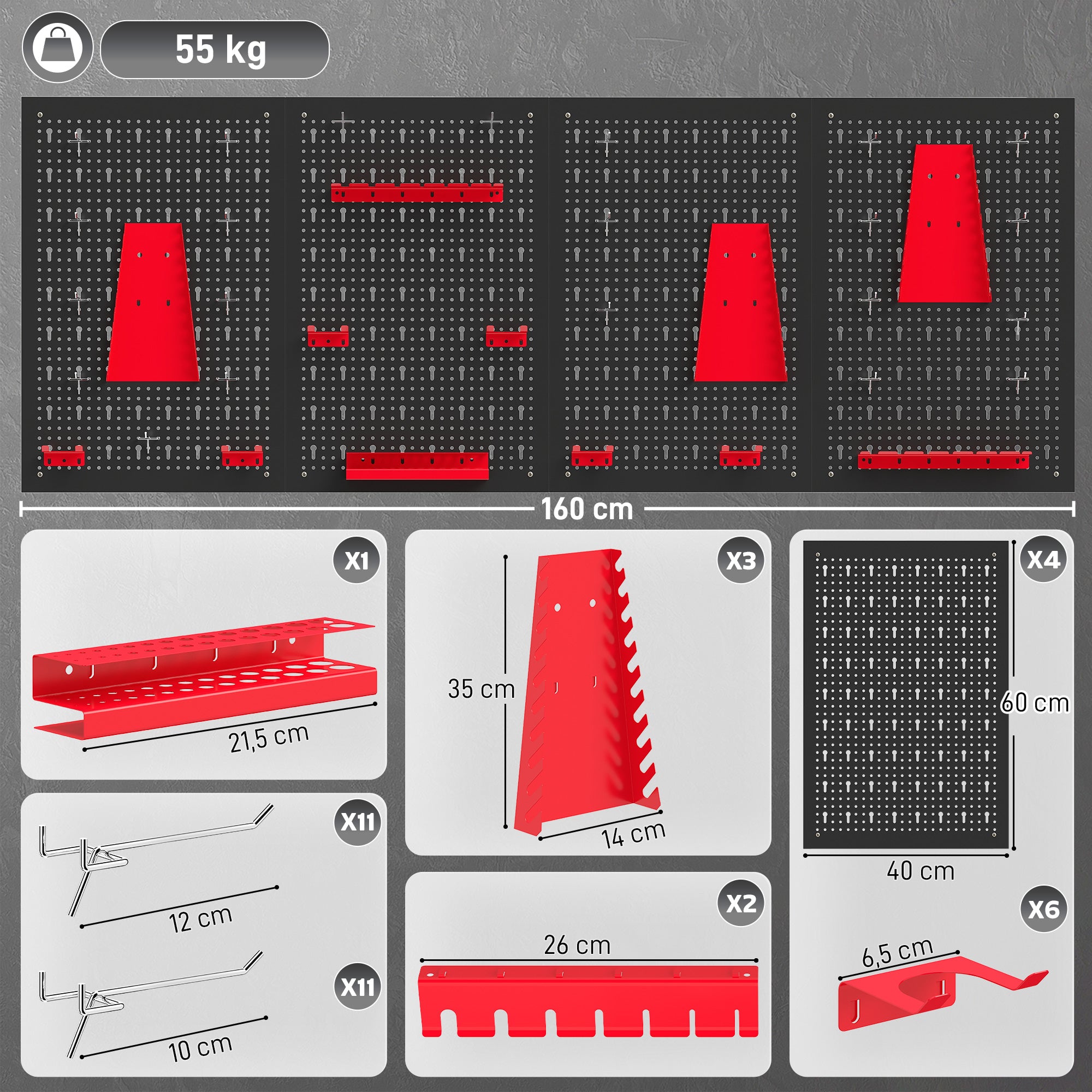 Wall-Mounted Pegboard Storage System, 4 x 23.6 x 15.7 in Panels, 38-Piece Garage Tool Organizer, Black/Red