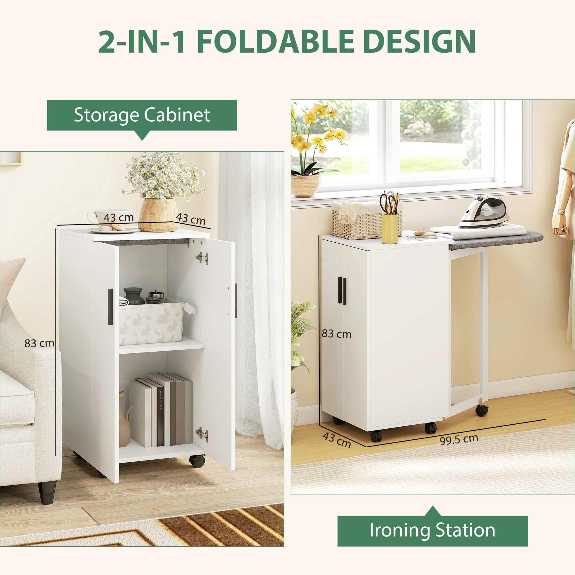 Foldable Ironing Board Cabinet with 2 Doors & Adjustable Shelves — Fold-Down Ironing Station with Storage, Soft-Close Hinges, Wheels, White (39.2 x 16.9 x 32.7 in)