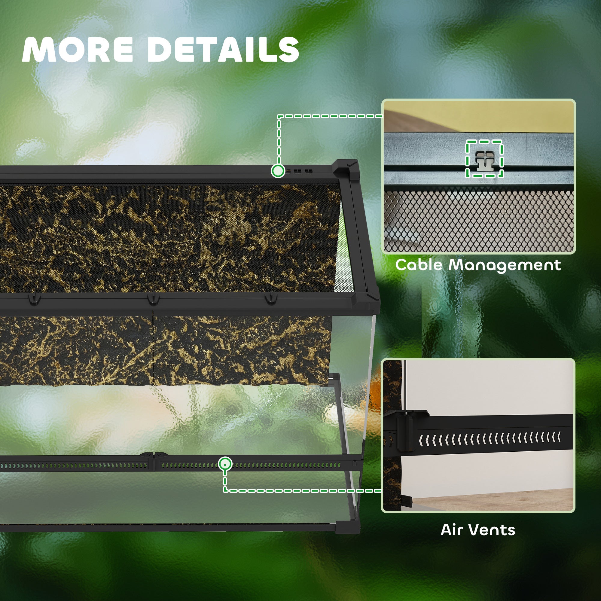 Glass Terrarium for Reptiles — 48 L Enclosure with Front Ventilation, Rock Backdrop, Escape-Proof Knob Lock, Black (50 × 30 × 35 cm / 19.7 × 11.8 × 13.8 in)