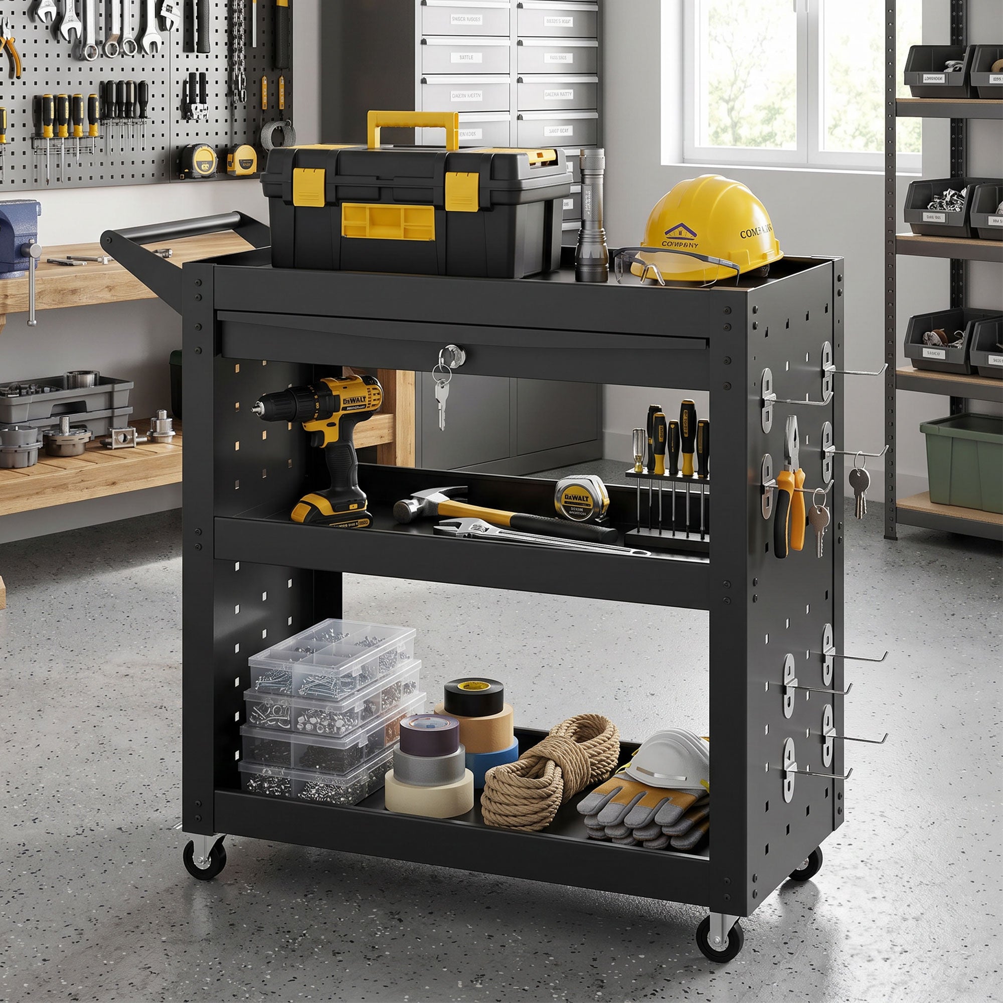 Tool Cart (Empty) – 3-Tier Workshop Trolley with Peg Panels & Lockable Drawer, Locking Casters, 198 lb Capacity, Black