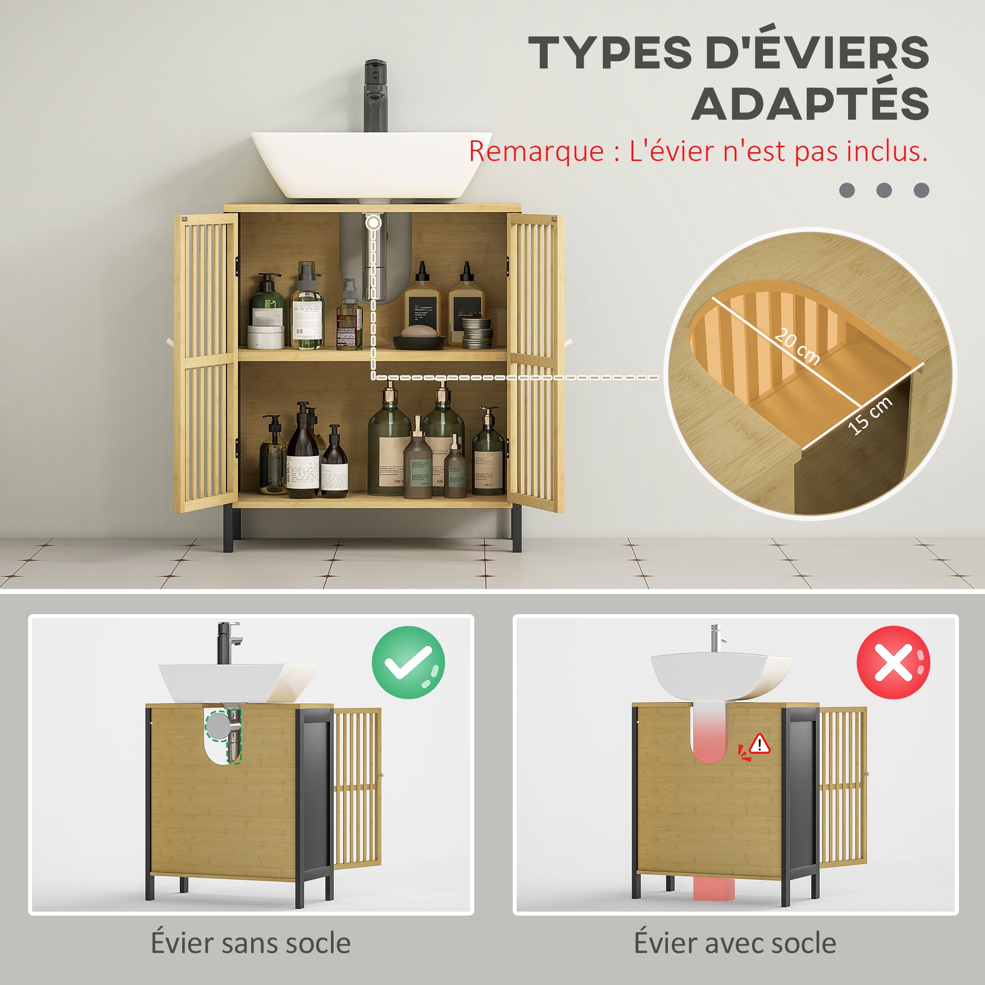 Under-Sink Vanity Cabinet Bathroom Storage Cabinet with Adjustable Shelf for Sink 60 x 30 x 70 cm in Black and Natural Bamboo