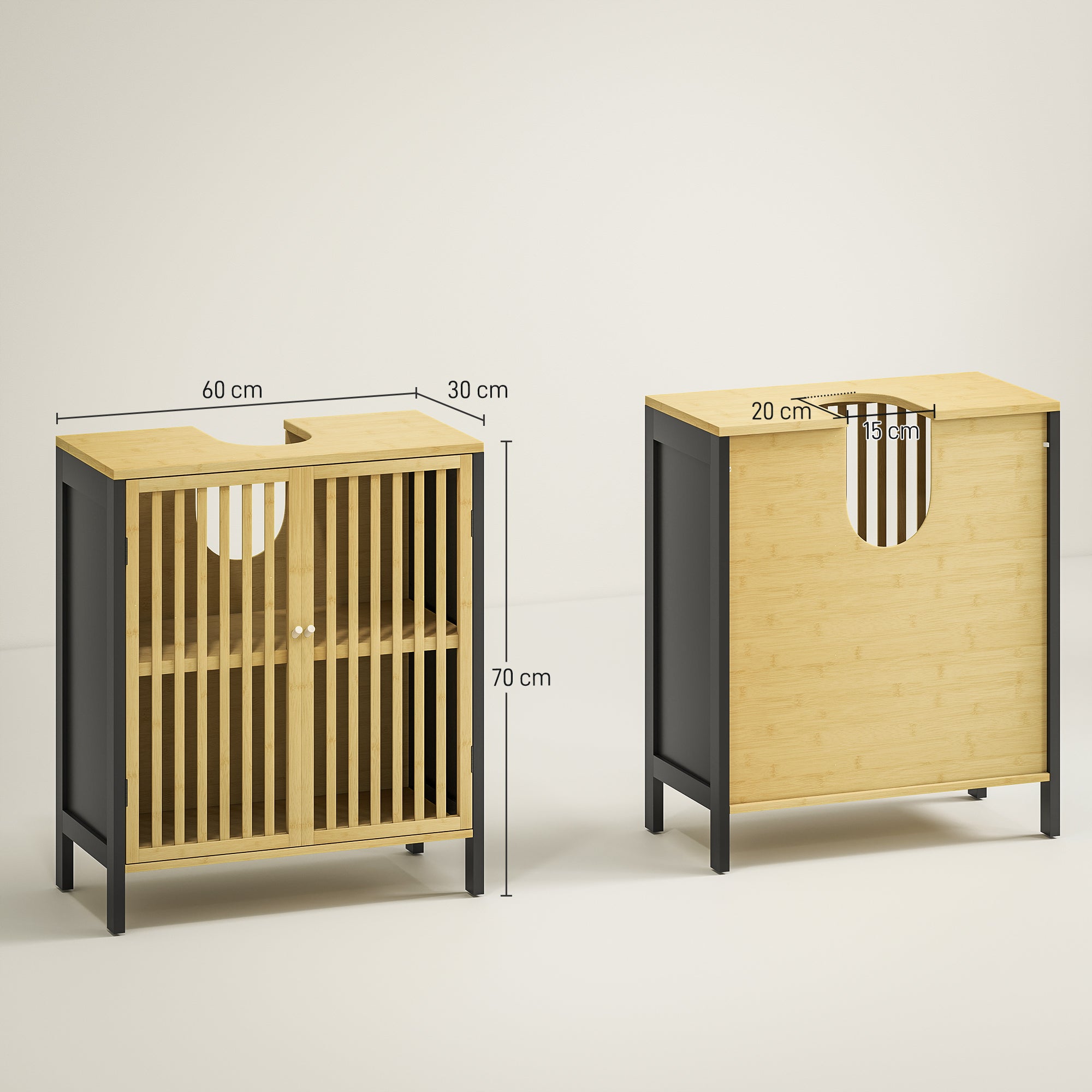 Under-Sink Vanity Cabinet Bathroom Storage Cabinet with Adjustable Shelf for Sink 60 x 30 x 70 cm in Black and Natural Bamboo