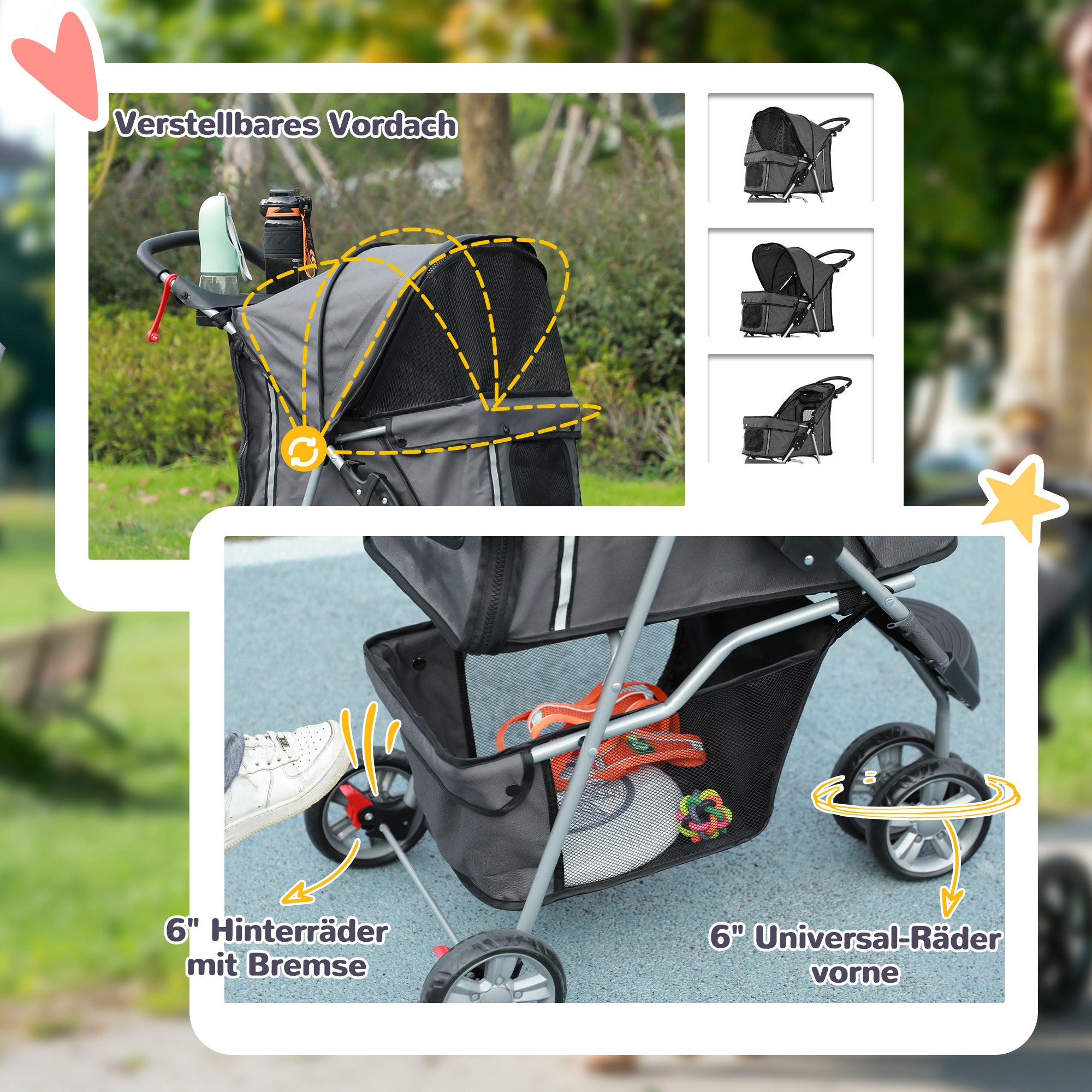 Dog Stroller Foldable Cat Stroller with Pillow Mesh Windows Cup Holder Storage Bag Cat Carriage Buggy Dark Gray